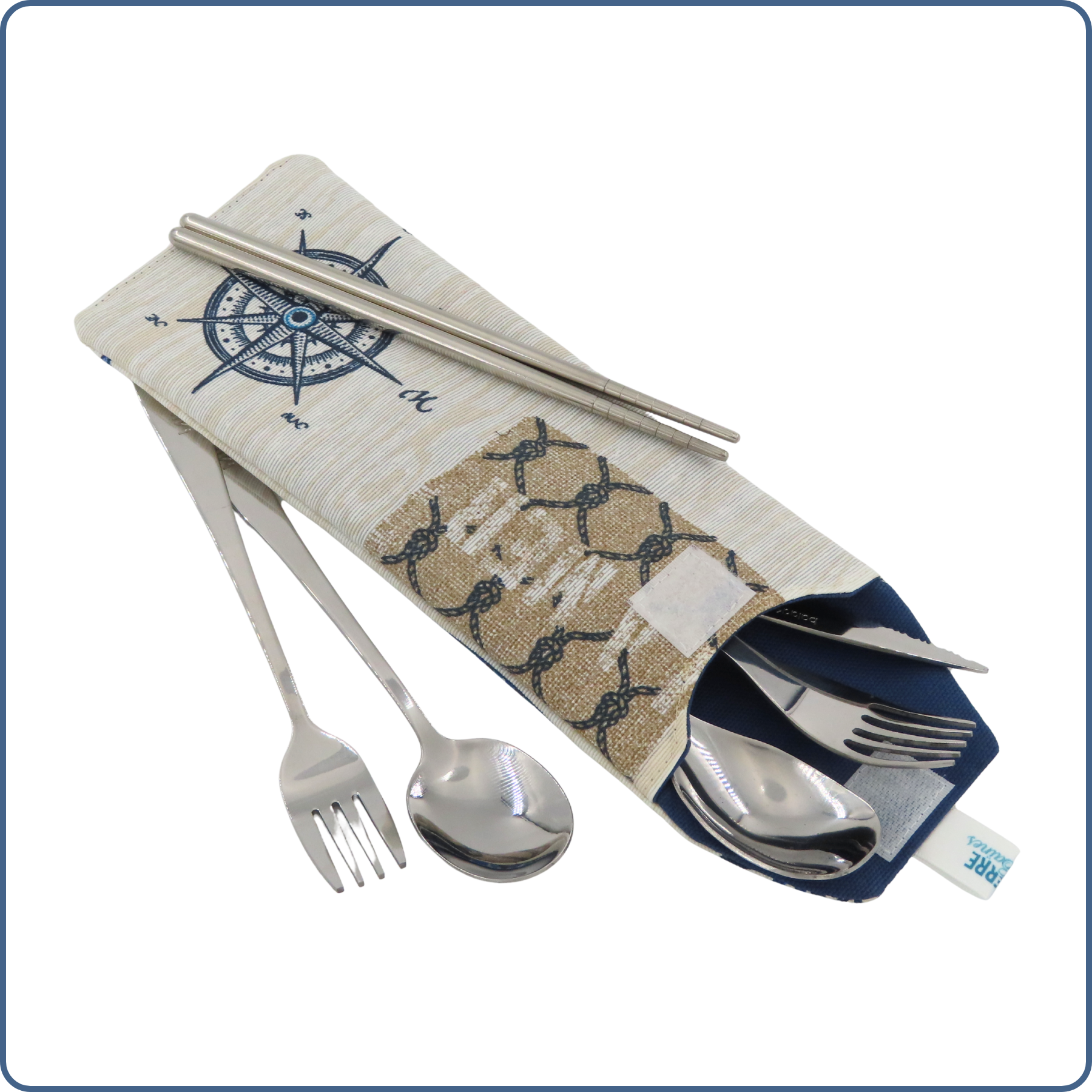 Pochette à couverts zéro déchet en tissu réutilisable, fabriquée à la main par Terre de Baïnes à Arès.