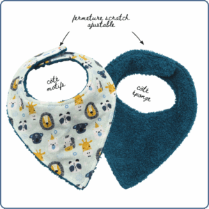 bavoir bandana bébé, absorbant, motifs animaux du zoo, bleu vert moutarde, fait mains en France