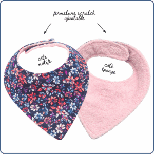 bavoir bandana bébé, absorbant, zéro déchet, motifs floraux, rose violet, fabriqué sur le bassin d'arcachon