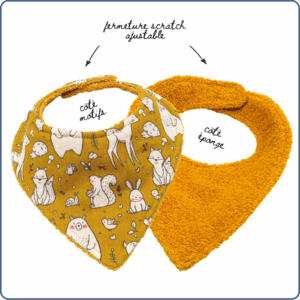 bavoir bandana bébé, absorbant, écoresponsable, motifs animaux de la forêt, blanc et moutarde, fait mains en France dans notre atelier d'Arès