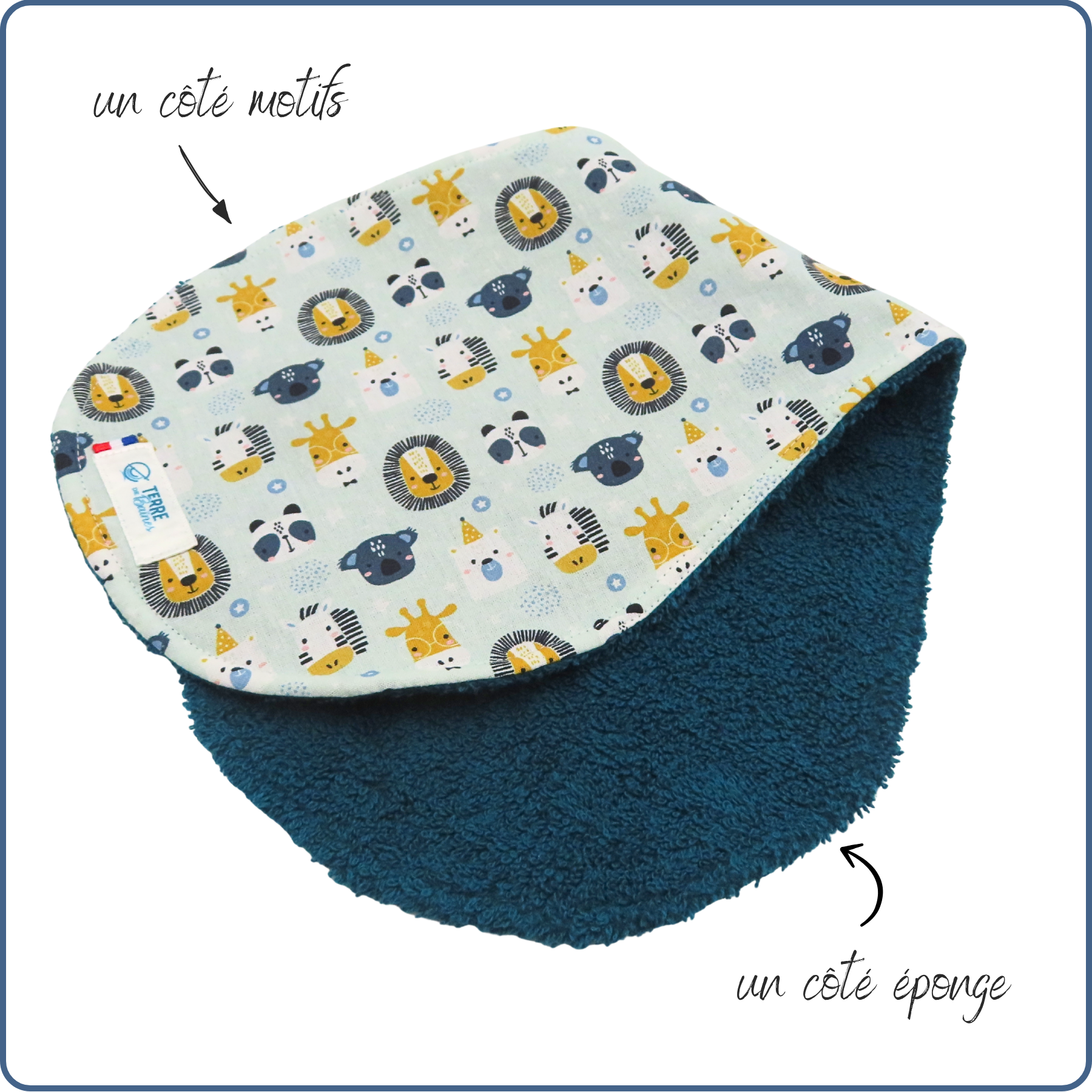 bavoir protège épaule, absorbant, incurvé, motifs animaux du zoo, fabriqué en France par Terre de Baïnes