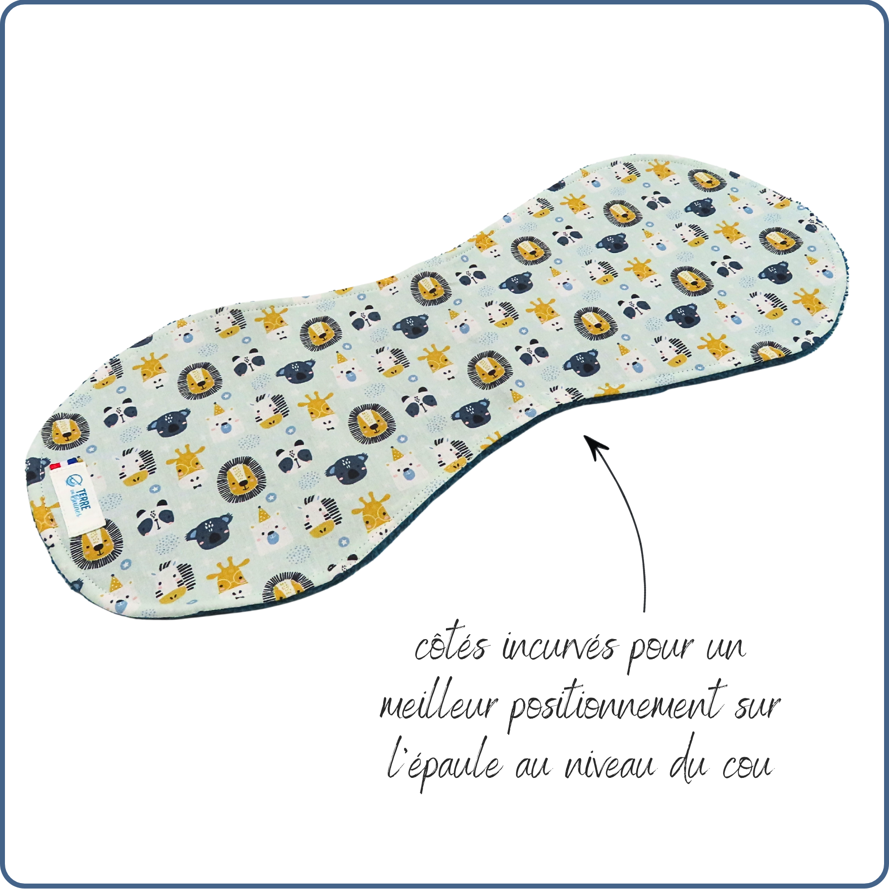 bavoir protège épaule, absorbant, incurvé, motifs animaux du zoo, fabriqué en France par Terre de Baïnes