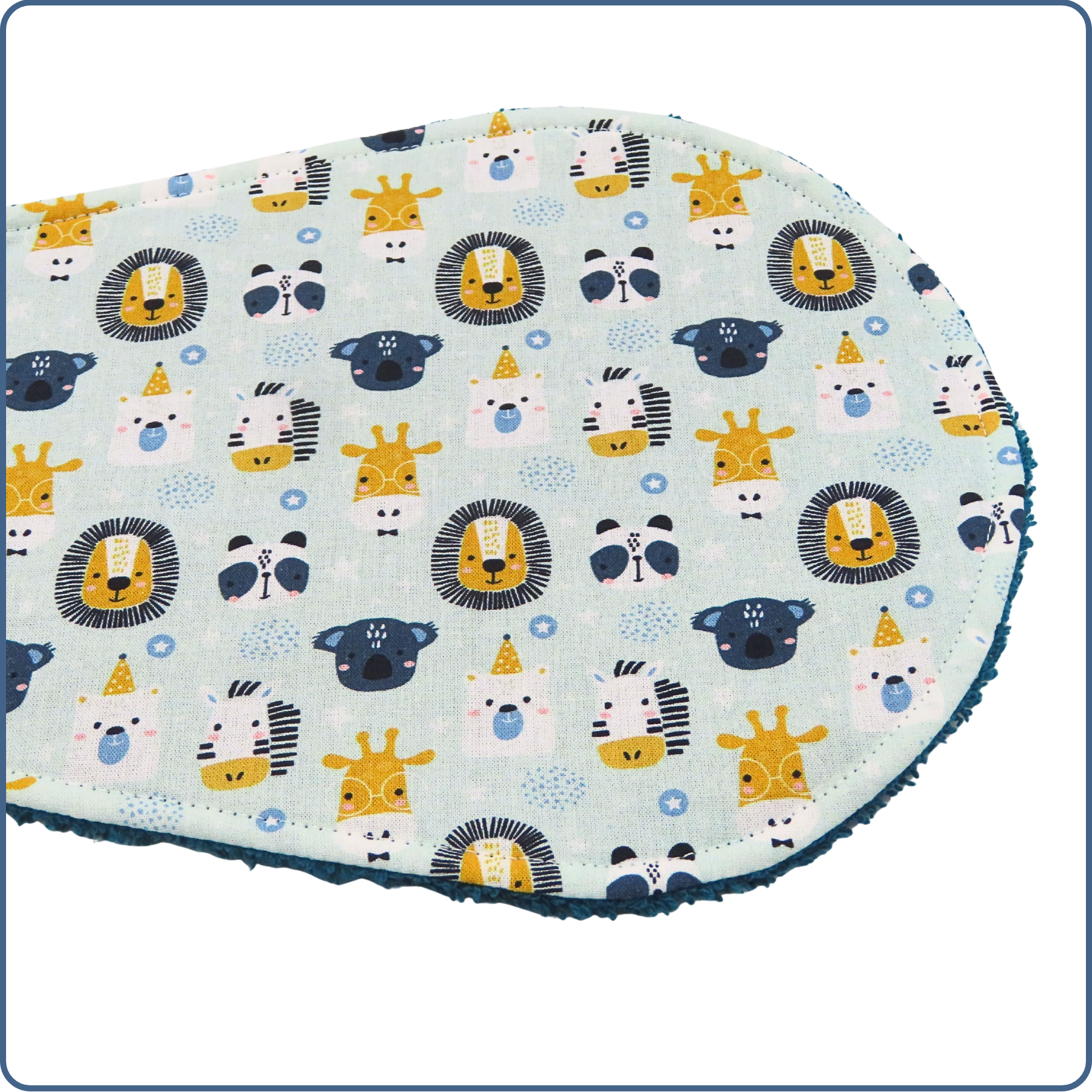 bavoir protège épaule, absorbant, incurvé, motifs animaux du zoo, fabriqué en France par Terre de Baïnes