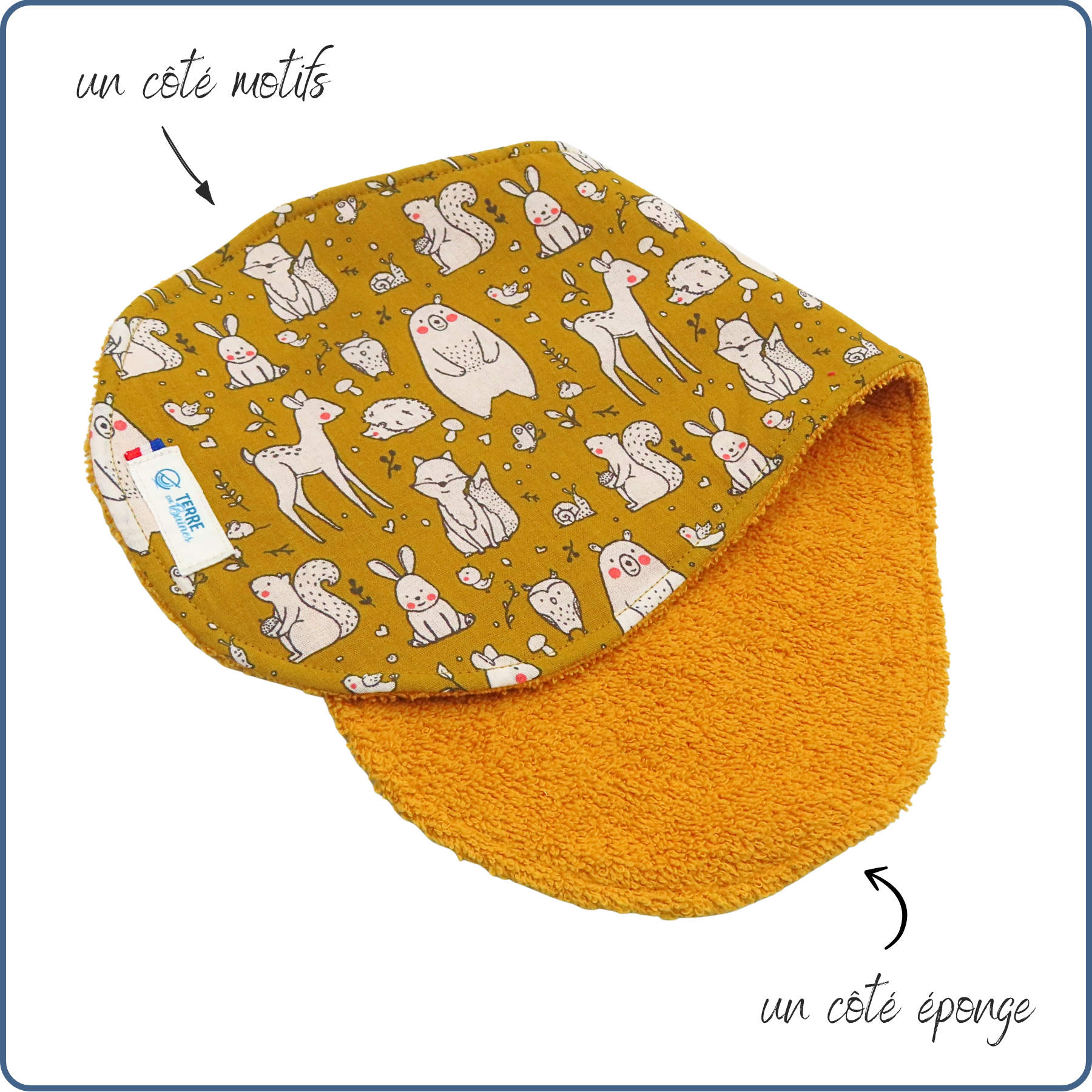 bavoir protège épaule, absorbant, incurvé, motifs animaux de la forêt, fabriqué en France par Terre de Baïnes