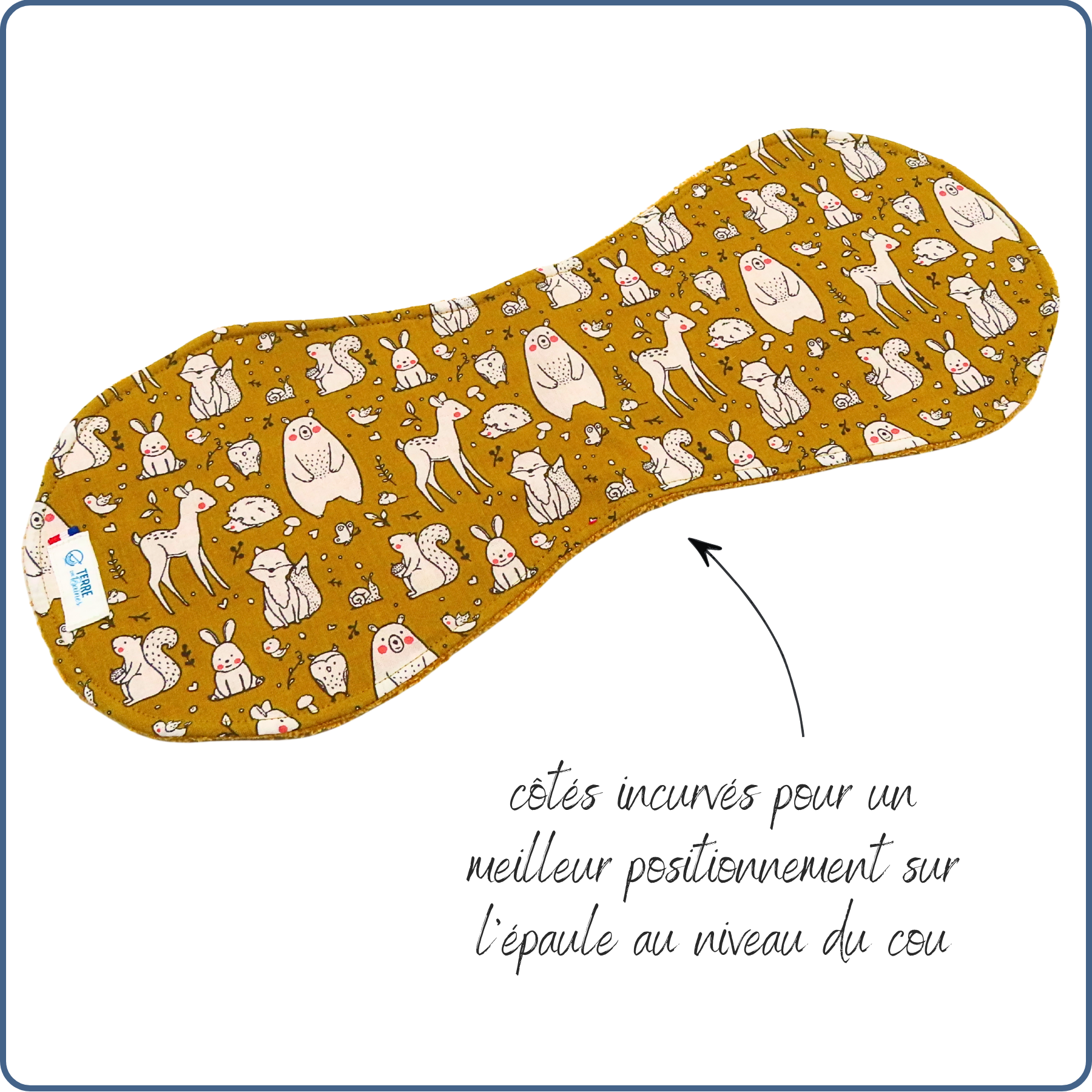 bavoir protège épaule, absorbant, incurvé, motifs animaux de la forêt, fabriqué en France par Terre de Baïnes