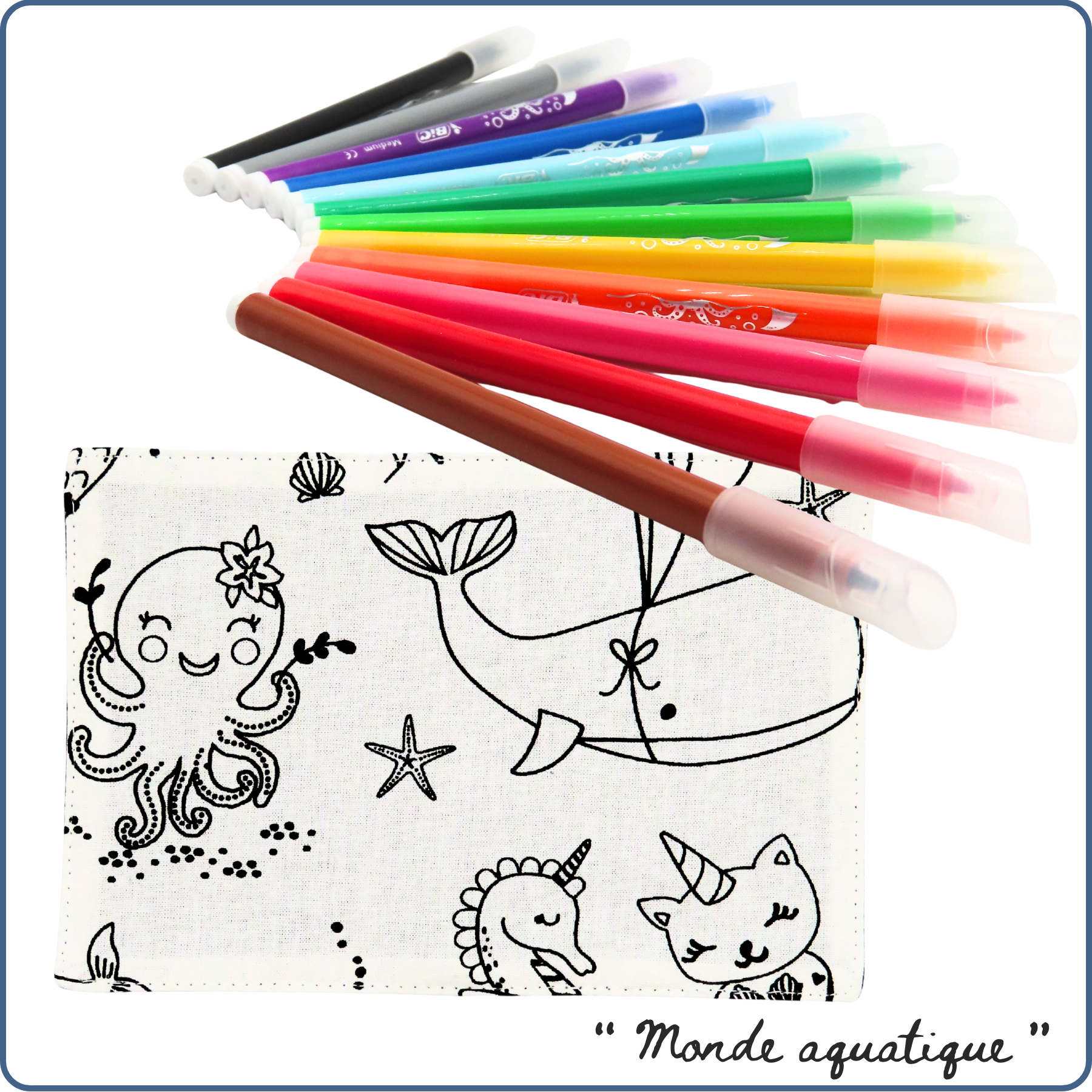 carte de coloriage enfant à collectionner, thème monde aquatique, baleine, raie, licorne