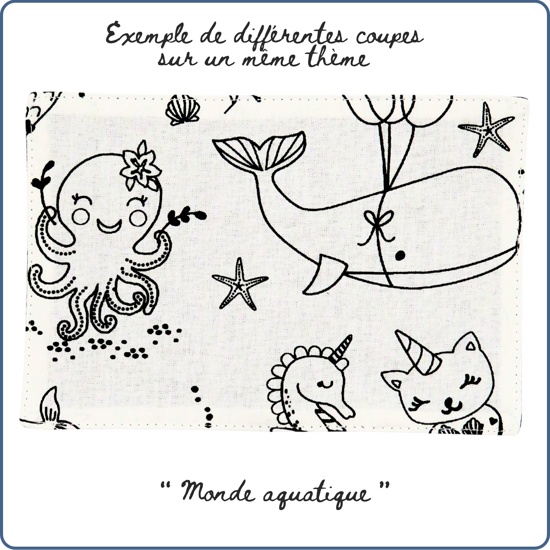 carte de coloriage enfant à collectionner, thème monde aquatique, baleine, raie, licorne