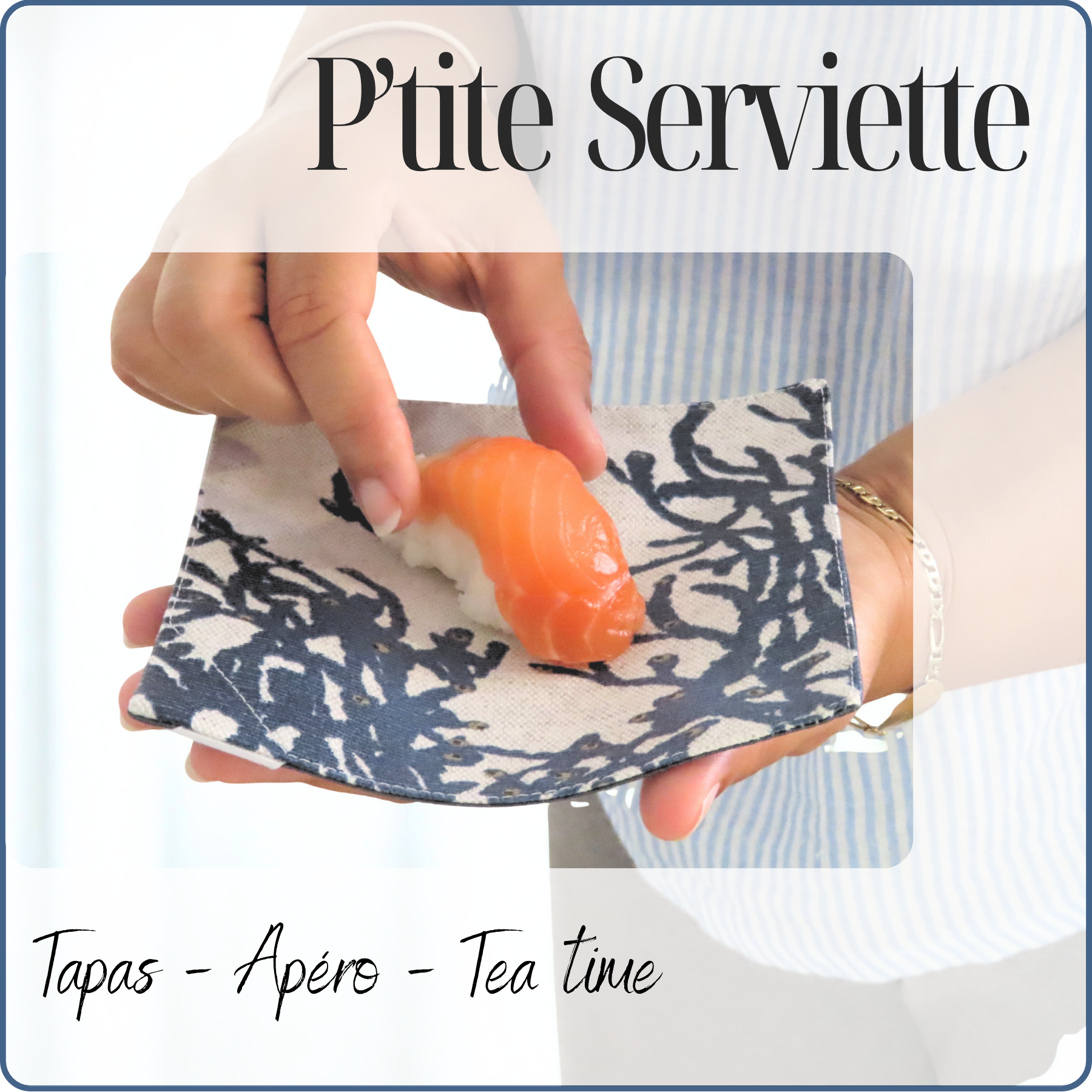 Petite serviette lavable en tissu imperméable, pour apéro, tea time, buffet de mariage, motifs corail bleu, zéro déchet