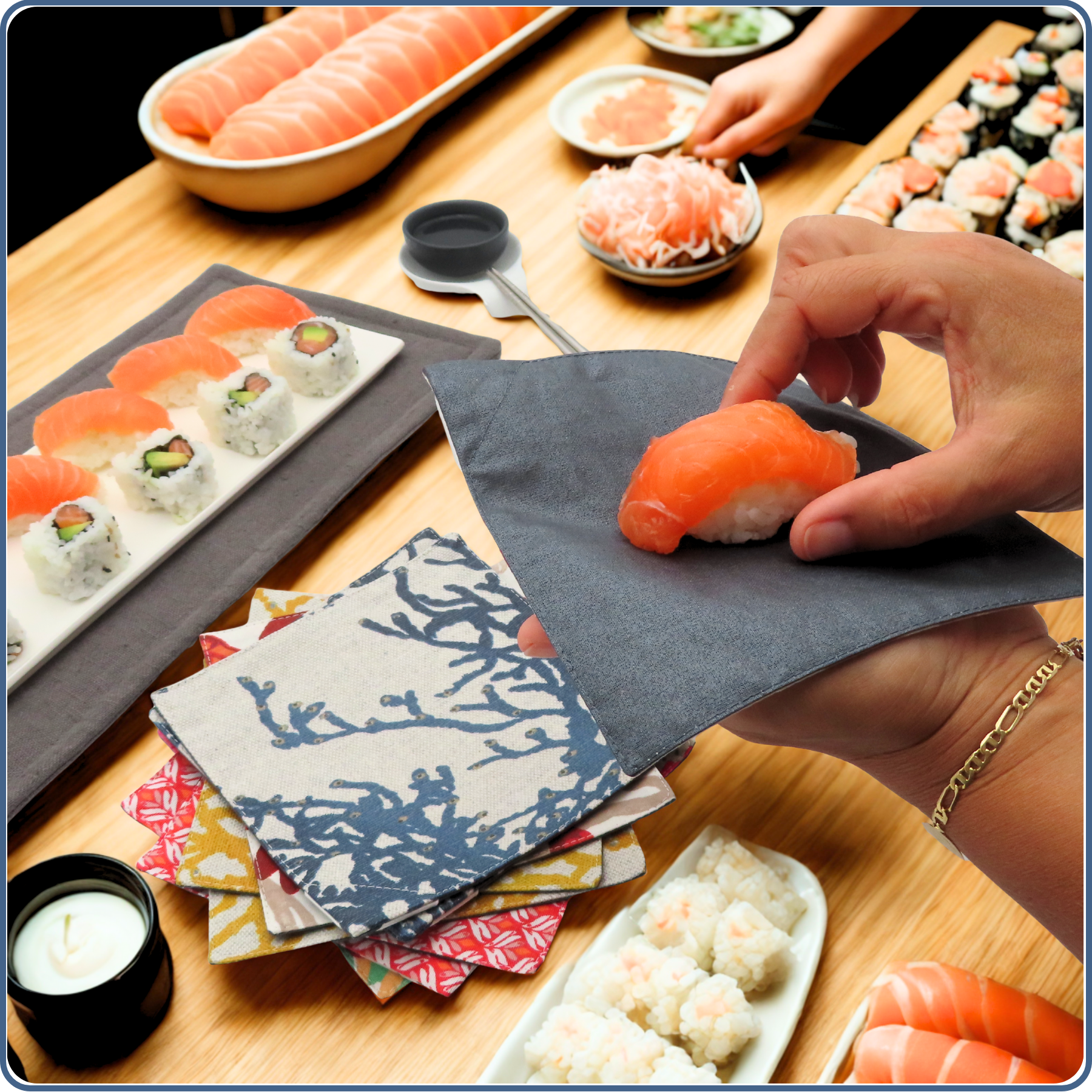 Petite serviette lavable en tissu imperméable, pour apéro, tea time, buffet de mariage, motifs corail bleu, zéro déchet