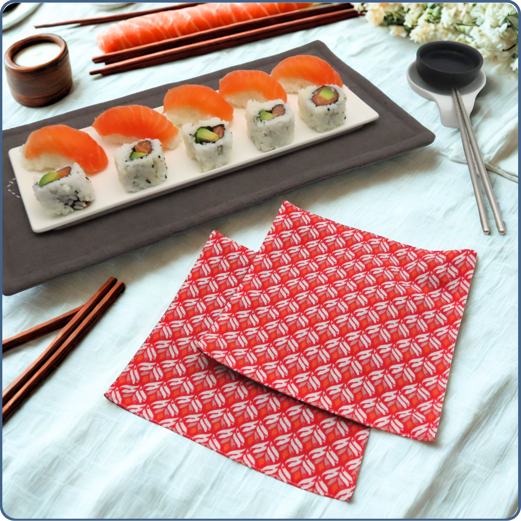 Petite serviette lavable en tissu, pour apéro, tea time, buffet de mariage, motifs rouges, zéro déchet