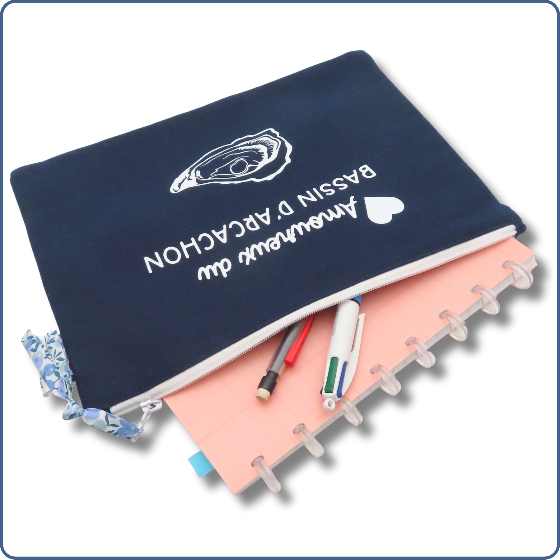 pochette A5 doublée, bleu, design huître, bassin d'arcachon