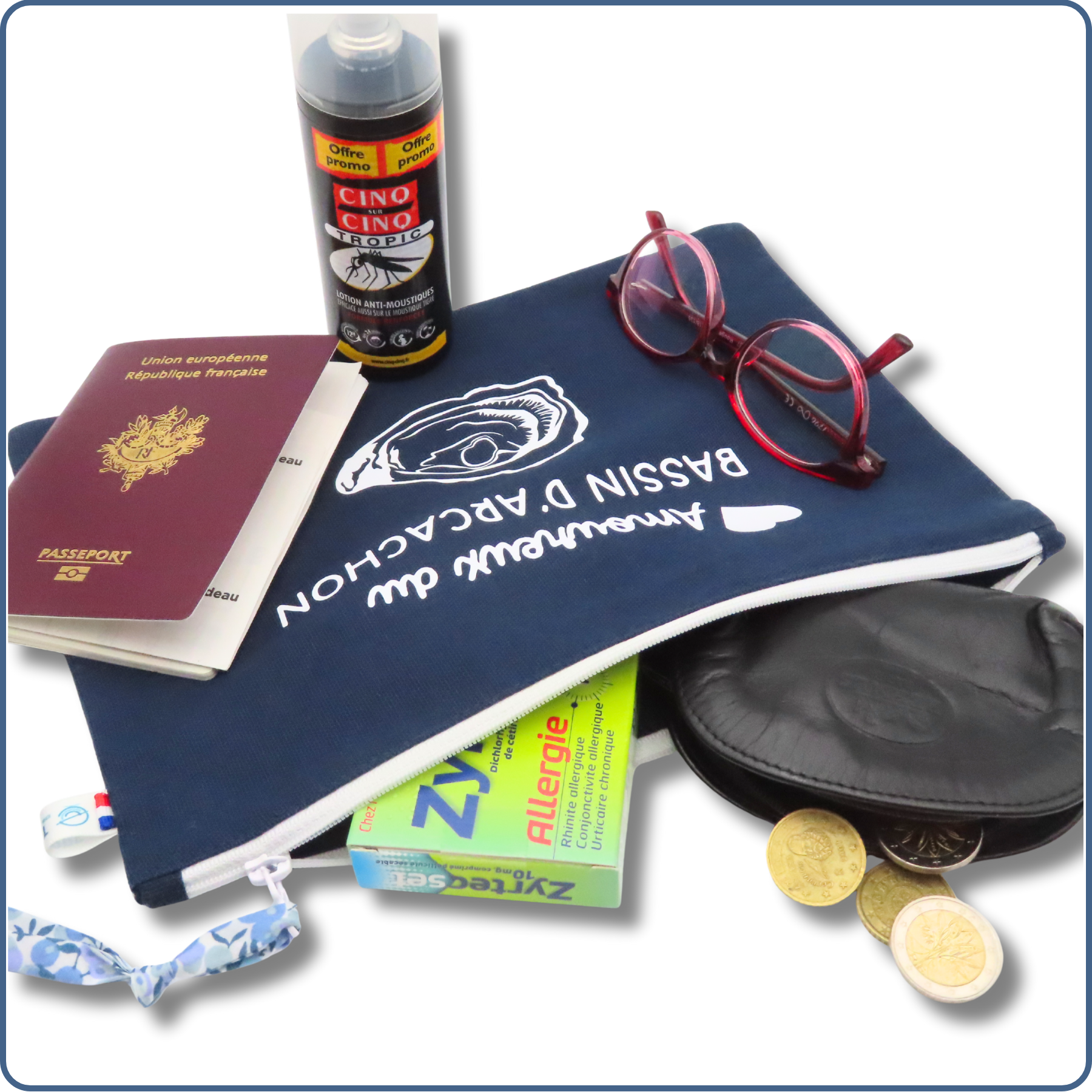 pochette A5 doublée, bleu, design huître, bassin d'arcachon