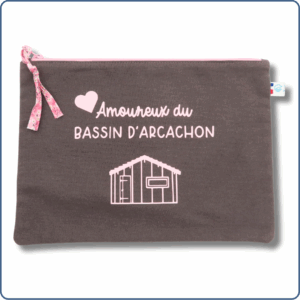 pochette A5 doublée, taupe rose, design cabane, bassin d'Arcachon, fait mains