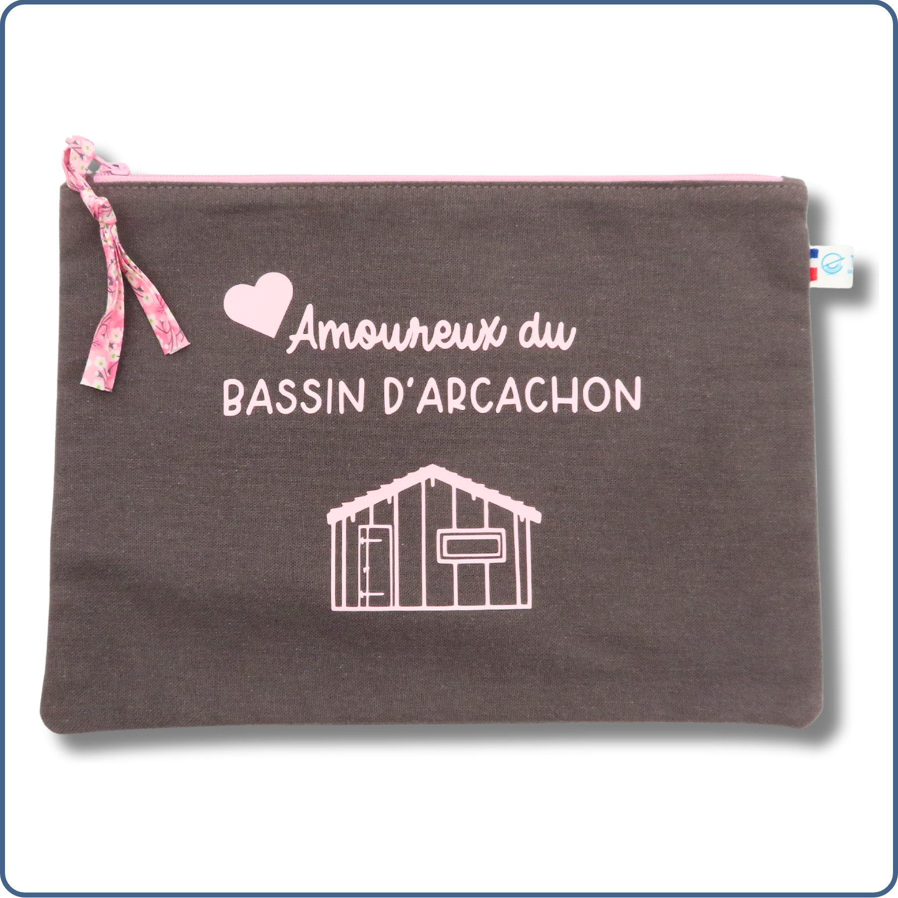 pochette A5 doublée, taupe rose, design cabane, bassin d'Arcachon, fait mains