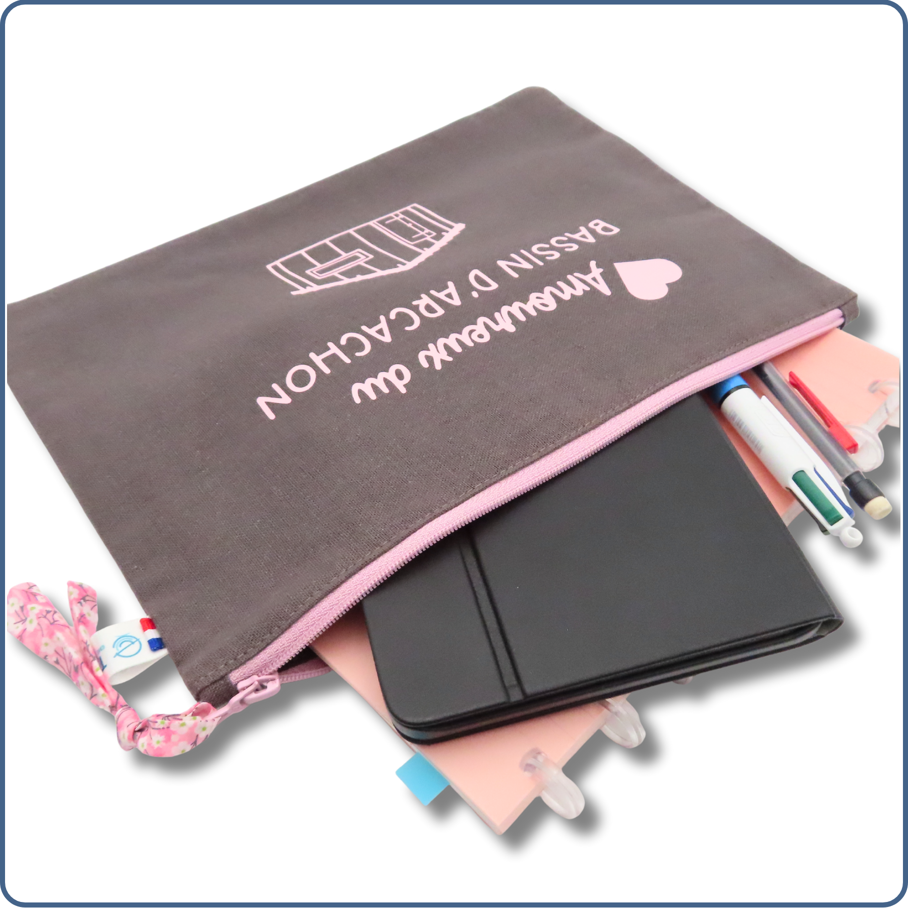 pochette A5 doublée, taupe rose, design cabane, bassin d'Arcachon, fait mains