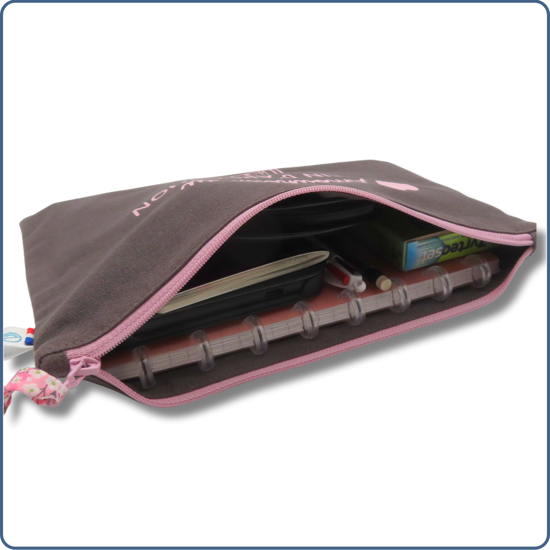 pochette A5 doublée, taupe rose, design cabane, bassin d'Arcachon, fait mains