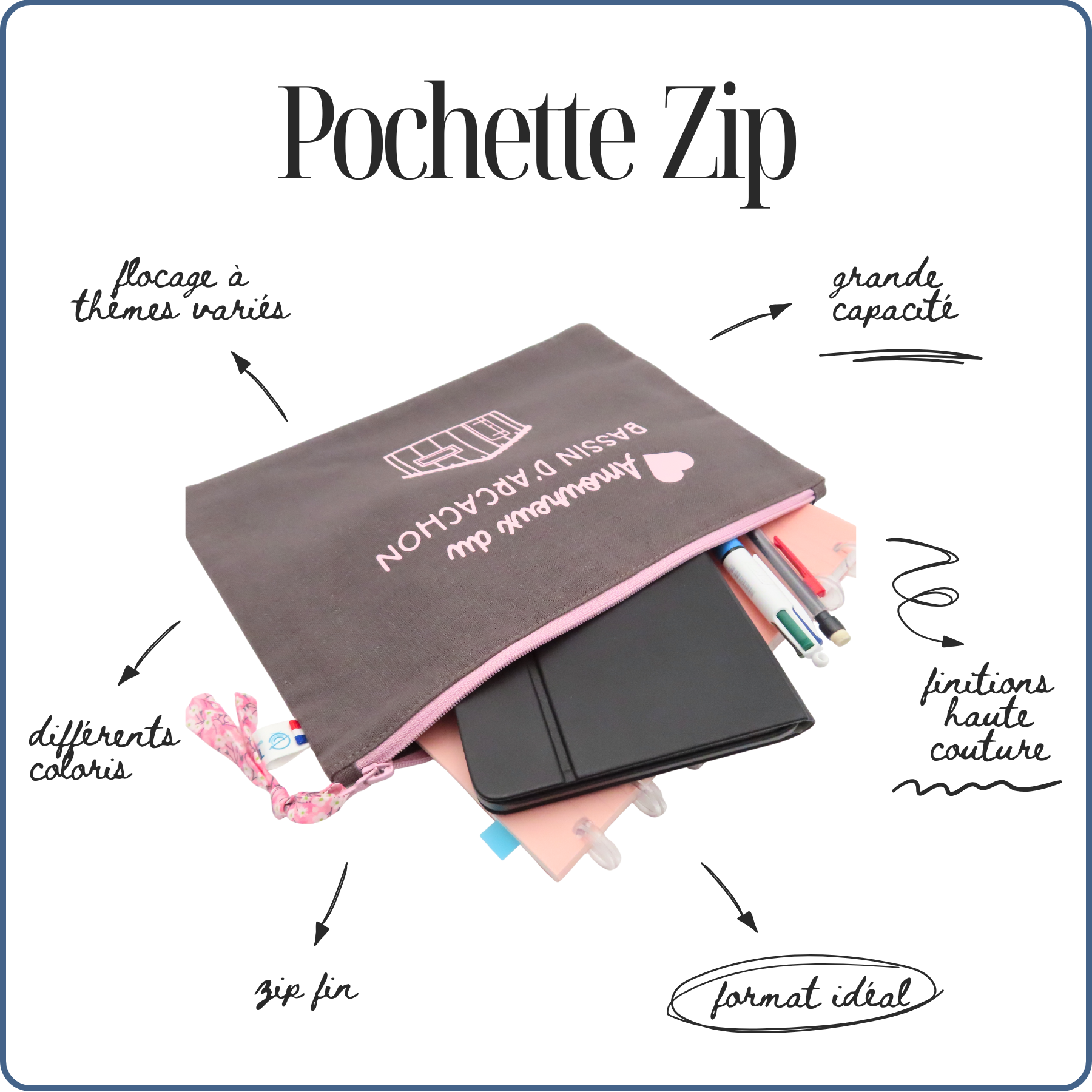 pochette A5 doublée, taupe rose, design cabane, bassin d'Arcachon, fait mains