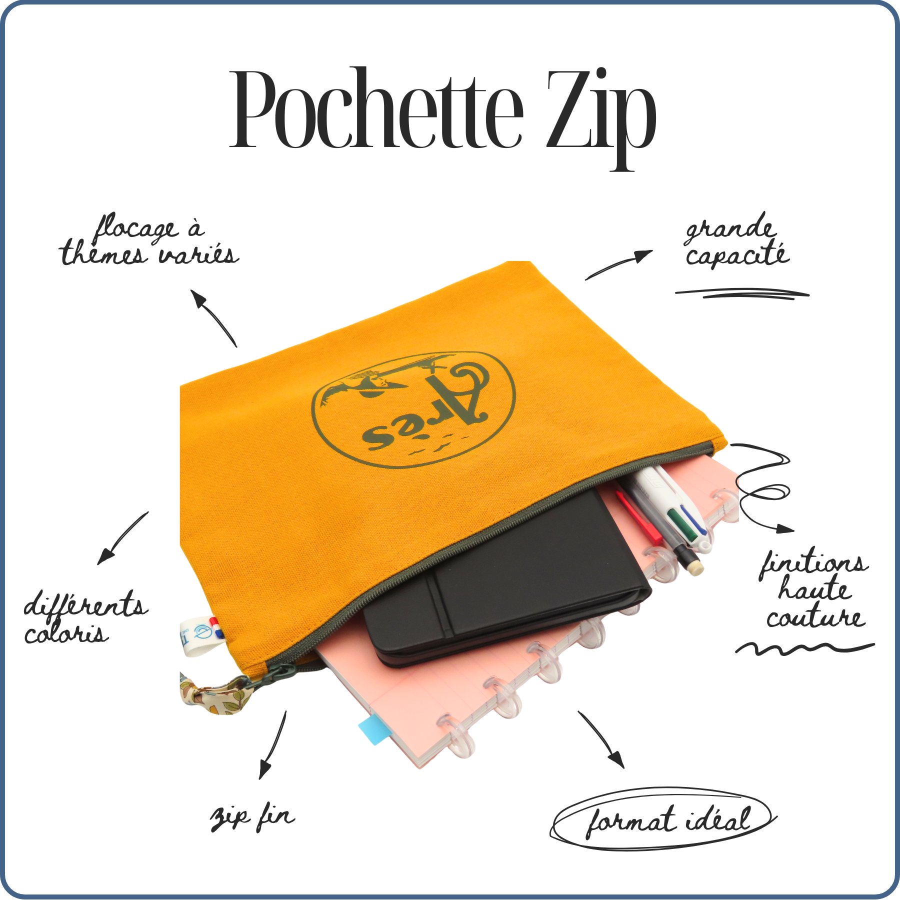 pochette A5 doublée, moutarde, design arésienne, Arès, bassin d'Arcachon