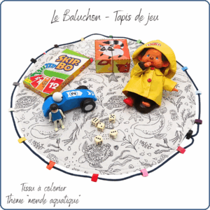 tapis de jeux baluchon fourre-tout pour enfant, tissu à colorier, thème monde aquatique, fabriqué en France par Terre de Baïnes