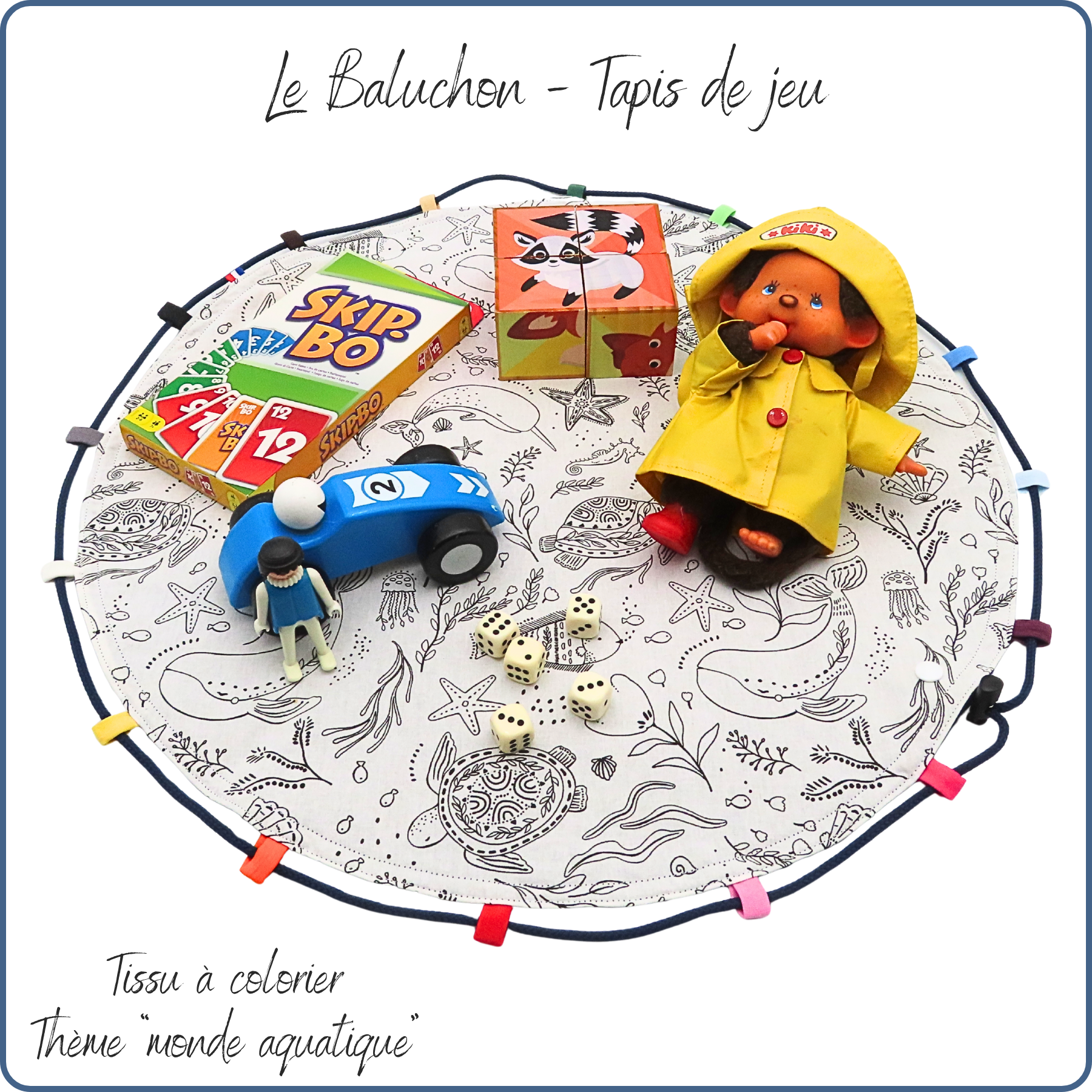 tapis de jeux baluchon fourre-tout pour enfant, tissu à colorier, thème monde aquatique, fabriqué en France par Terre de Baïnes