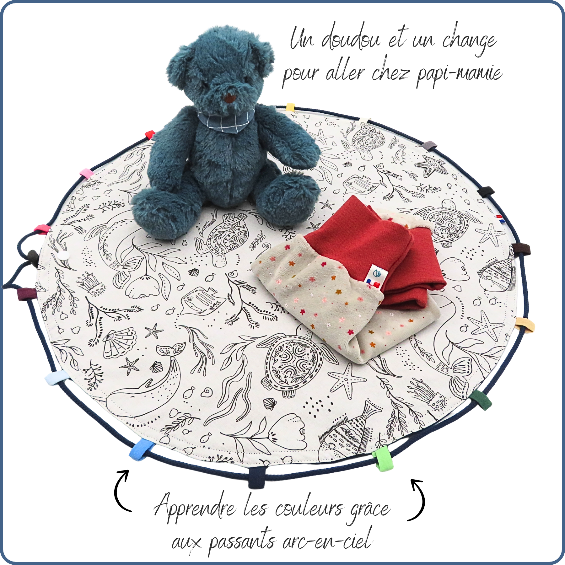 tapis de jeux baluchon fourre-tout pour enfant, tissu à colorier, thème monde aquatique, fabriqué en France par Terre de Baïnes