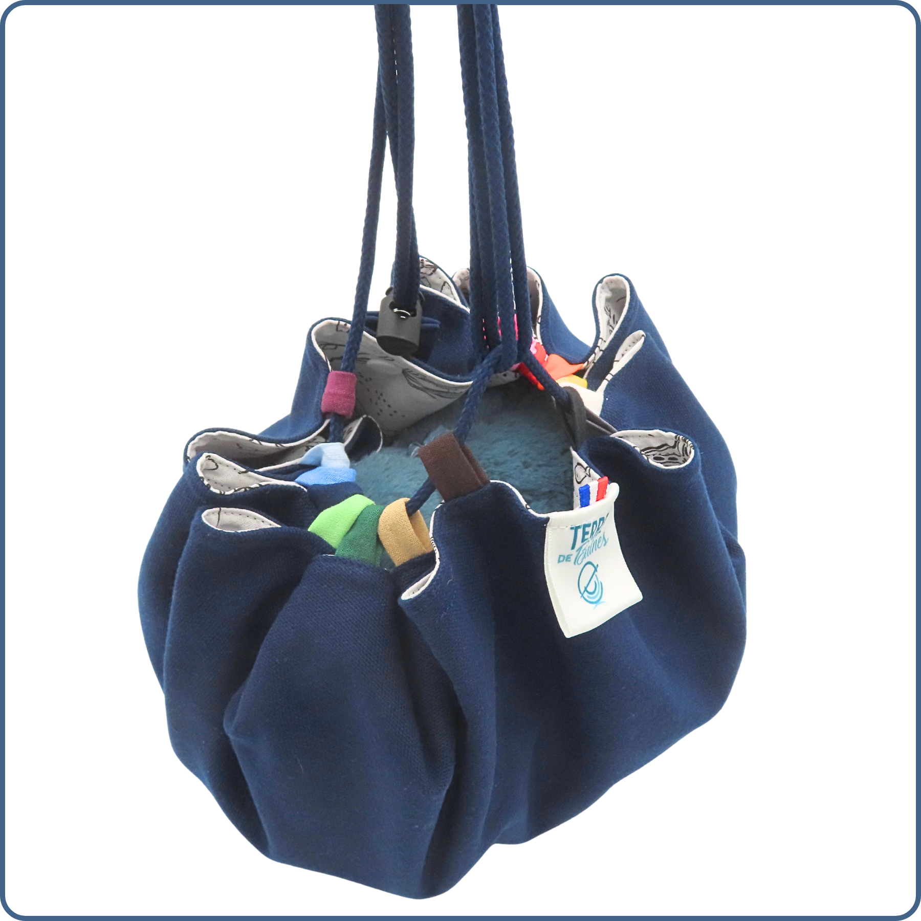 tapis de jeux baluchon fourre-tout pour enfant, tissu à colorier, thème monde aquatique, fabriqué en France par Terre de Baïnes