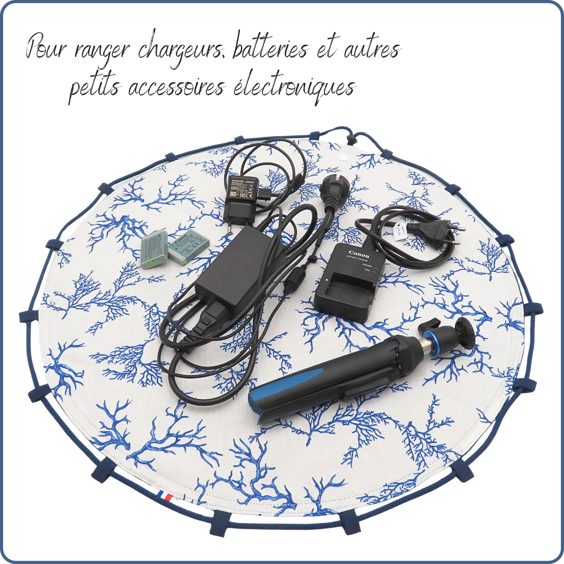 baluchon adulte, trousse de toilette, sac fourre-tout, motifs corail bleu, fabriqué en France par Terre de Baïnes