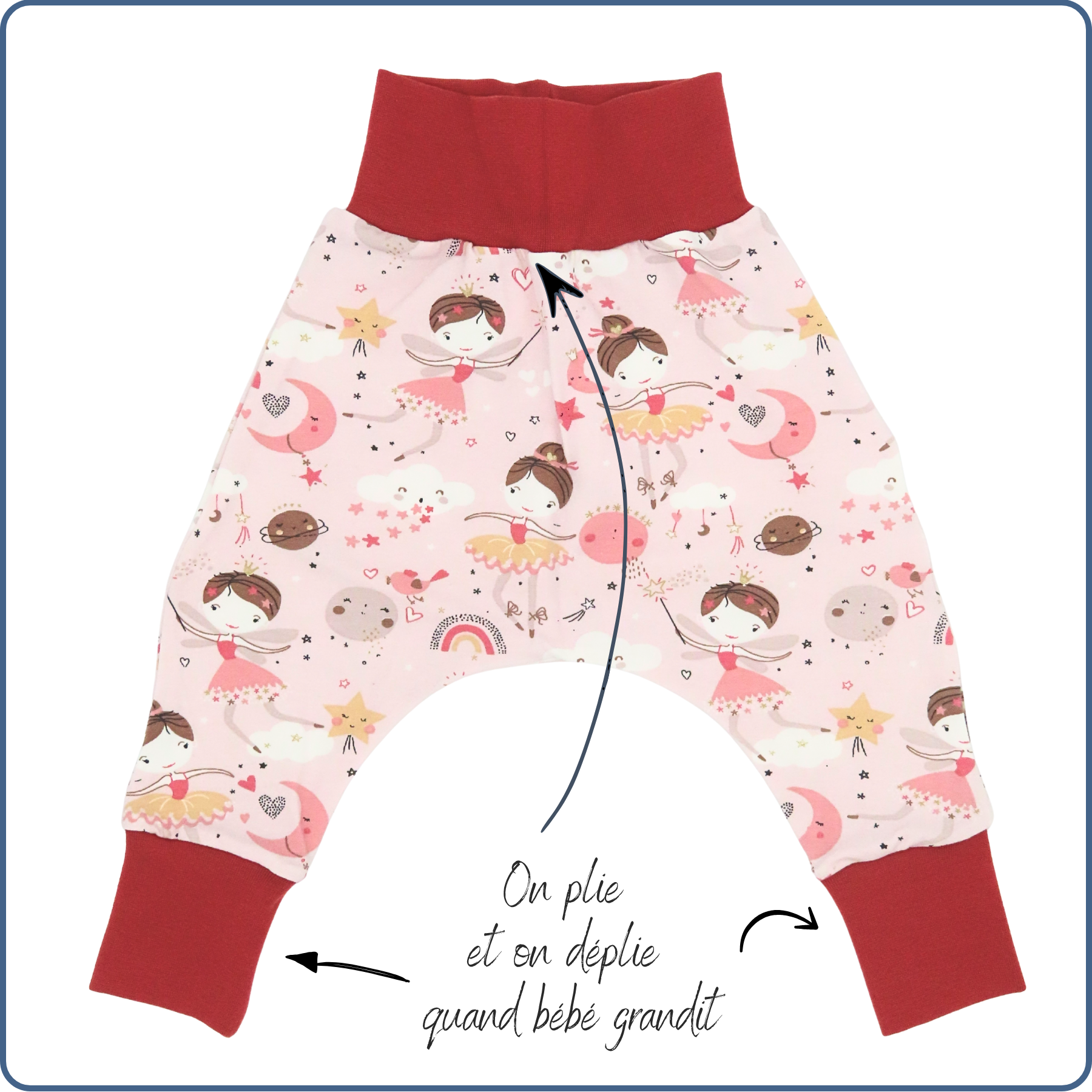 sarouel évolutif bébé, tissu léger, motifs fées danseuses, économique, sans produit chimique