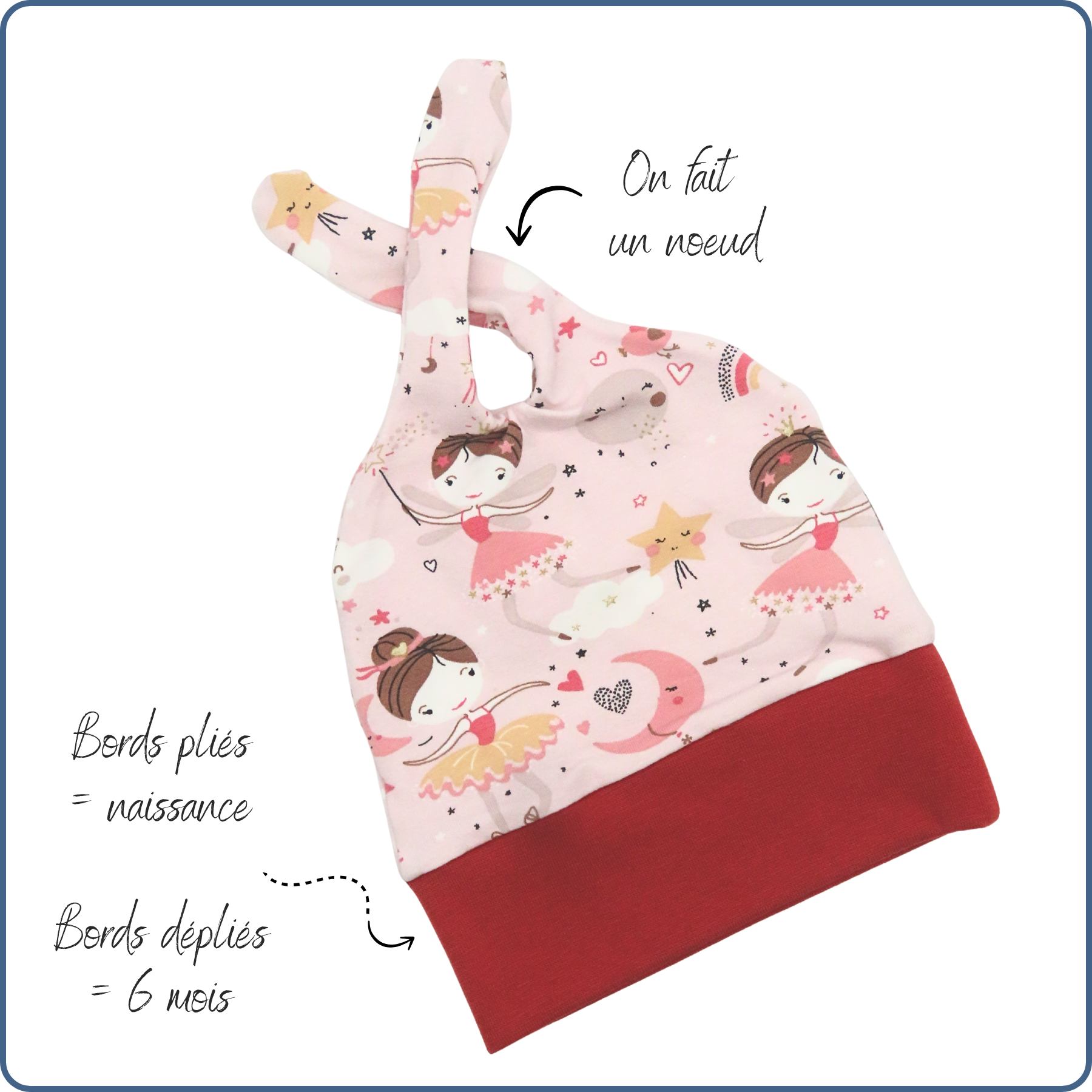 bonnet évolutif bébé, tissu léger, motifs fées danseuses, économique, sans produit chimique