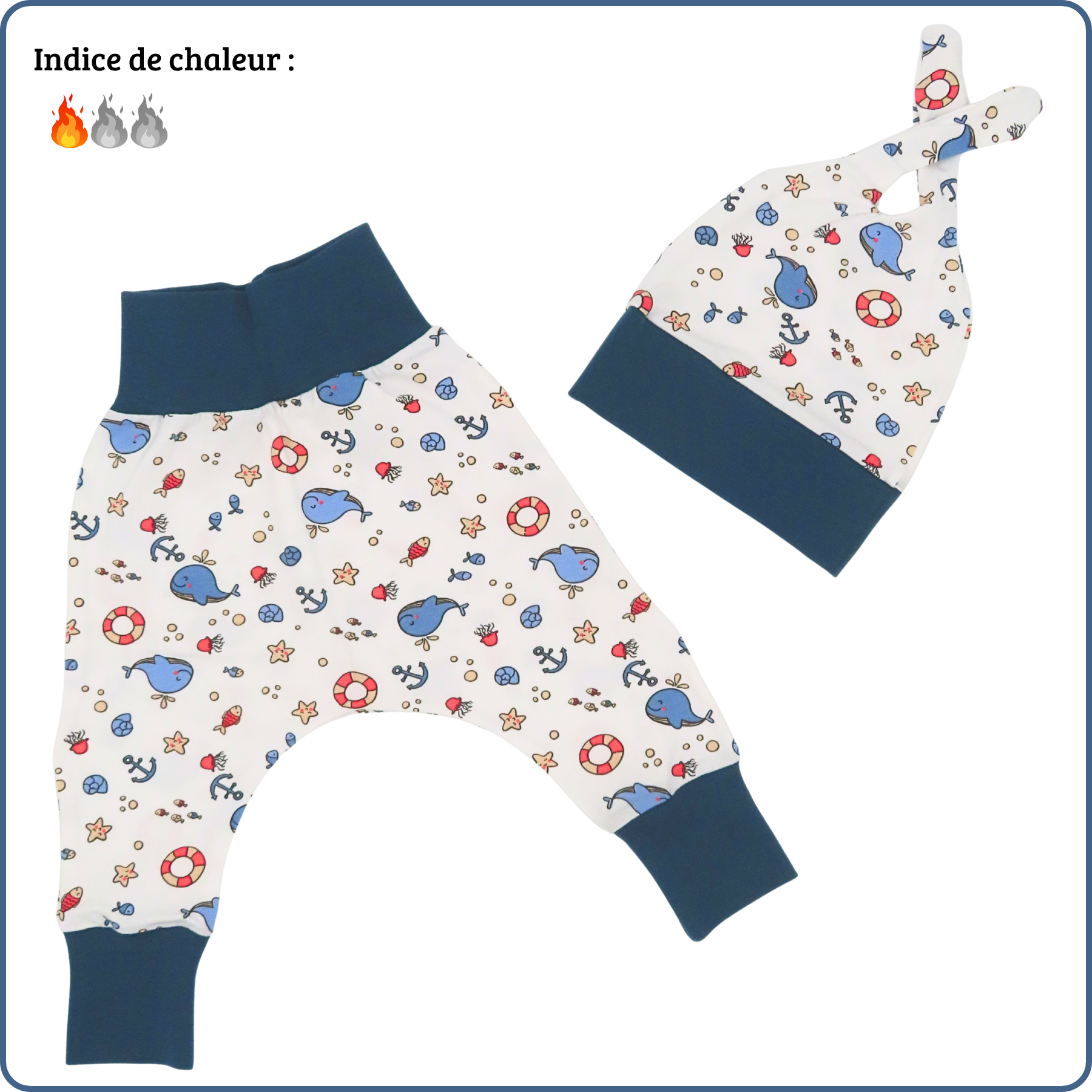 ensemble sarouel + bonnet évolutif bébé, tissu léger, motifs mer plage, économique, sans produit chimique