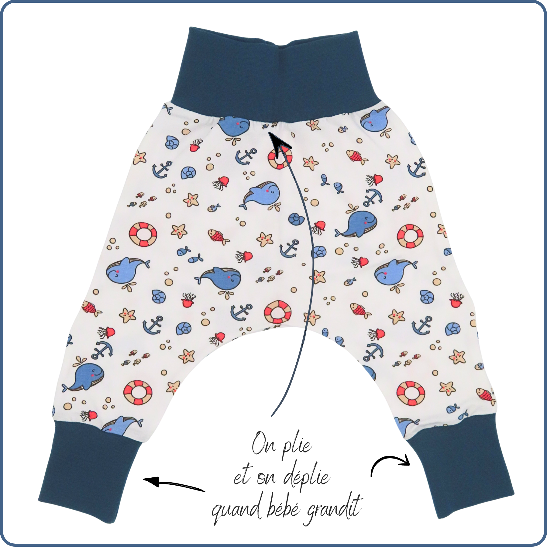 sarouel évolutif bébé, tissu léger, motifs mer plage, économique, sans produit chimique