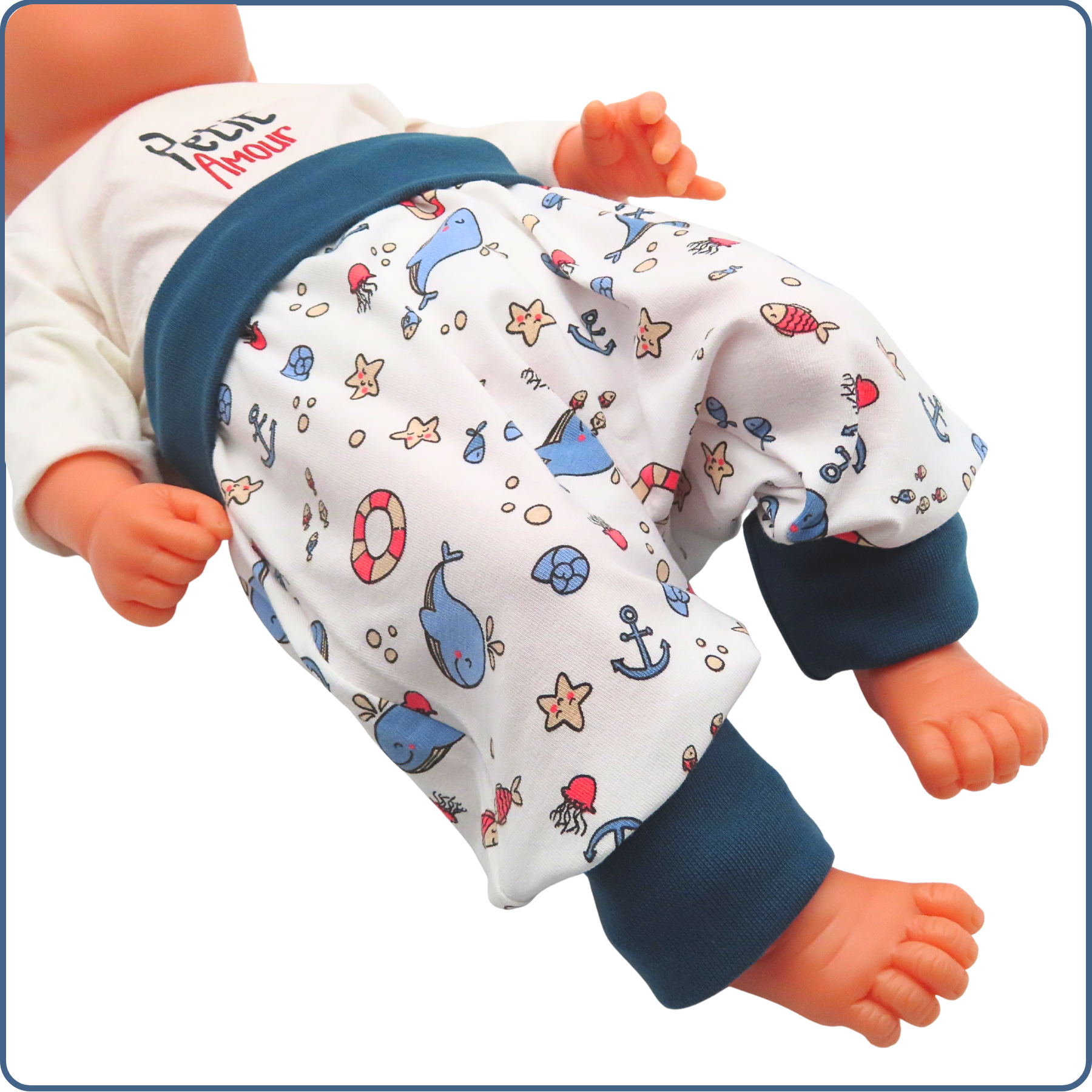 sarouel évolutif bébé, tissu léger, motifs mer plage, économique, sans produit chimique