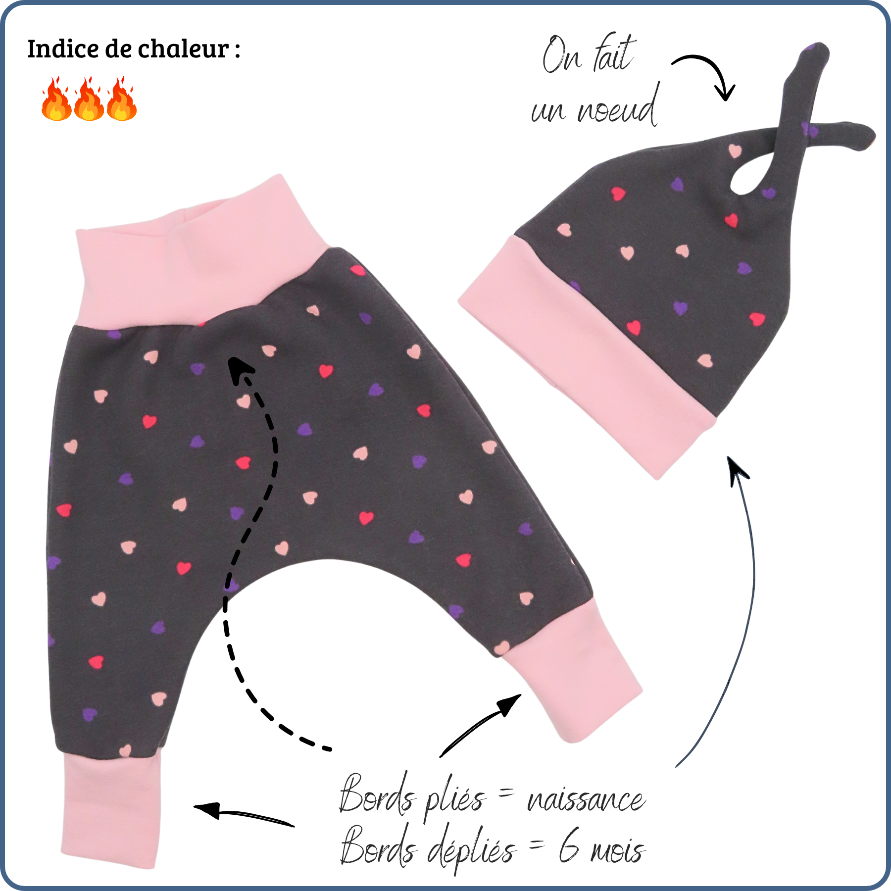 ensemble sarouel + bonnet évolutif bébé, très chaud, motifs mini cœurs, économique, tissu sans produit chimique