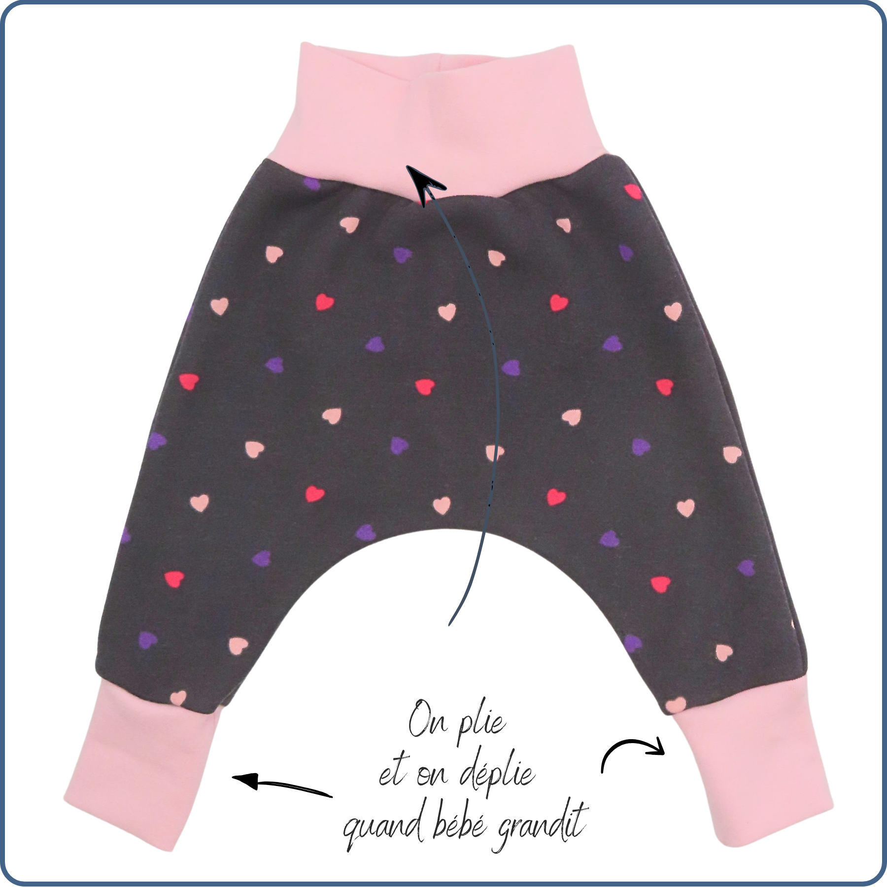 sarouel évolutif bébé, très chaud, motifs mini cœurs, économique, tissu sans produit chimique