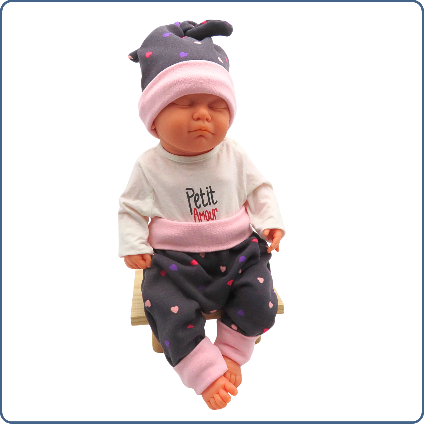 ensemble sarouel + bonnet évolutif bébé, très chaud, motifs mini cœurs, économique, tissu sans produit chimique