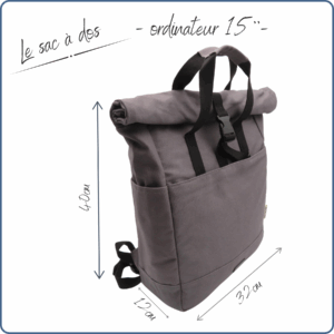 sac à dos rolltop, compartiment pour ordinateur rembourré, couleur grise