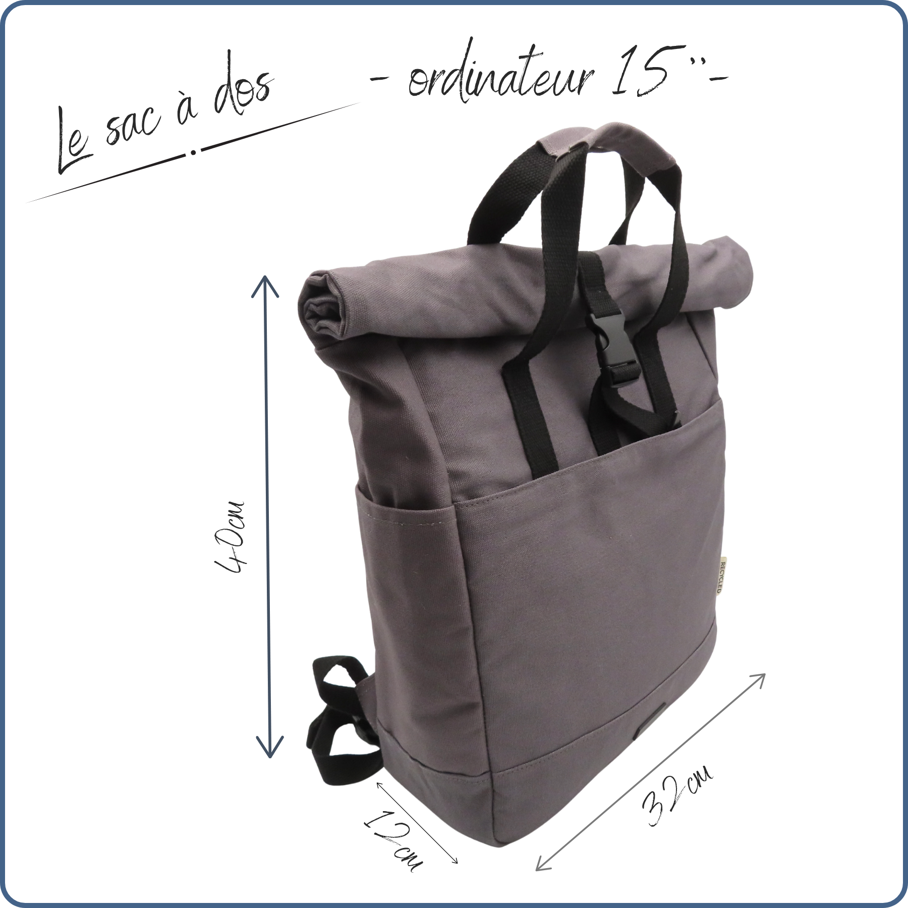 sac à dos rolltop, compartiment pour ordinateur rembourré, couleur grise