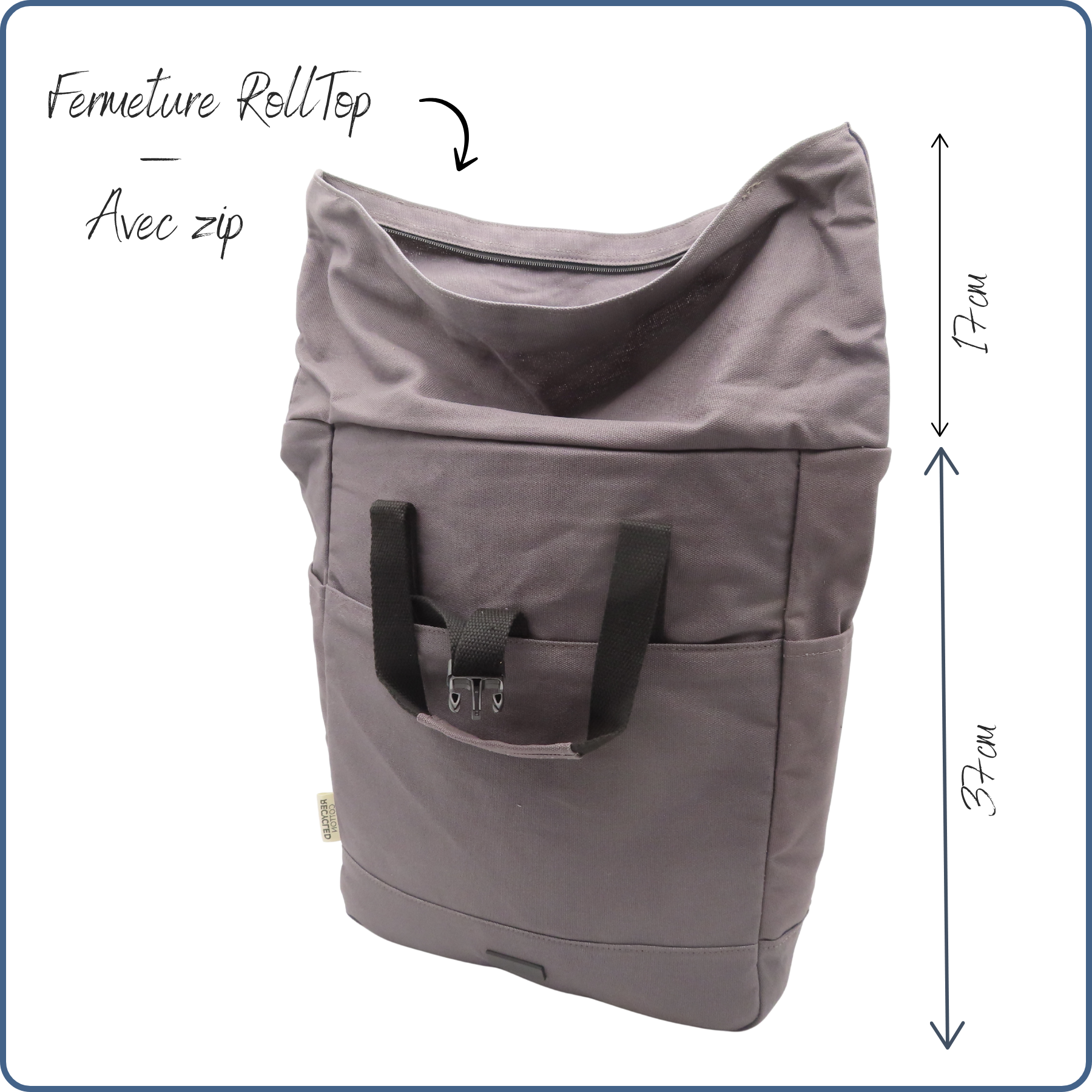 sac à dos rolltop, compartiment pour ordinateur rembourré, couleur grise