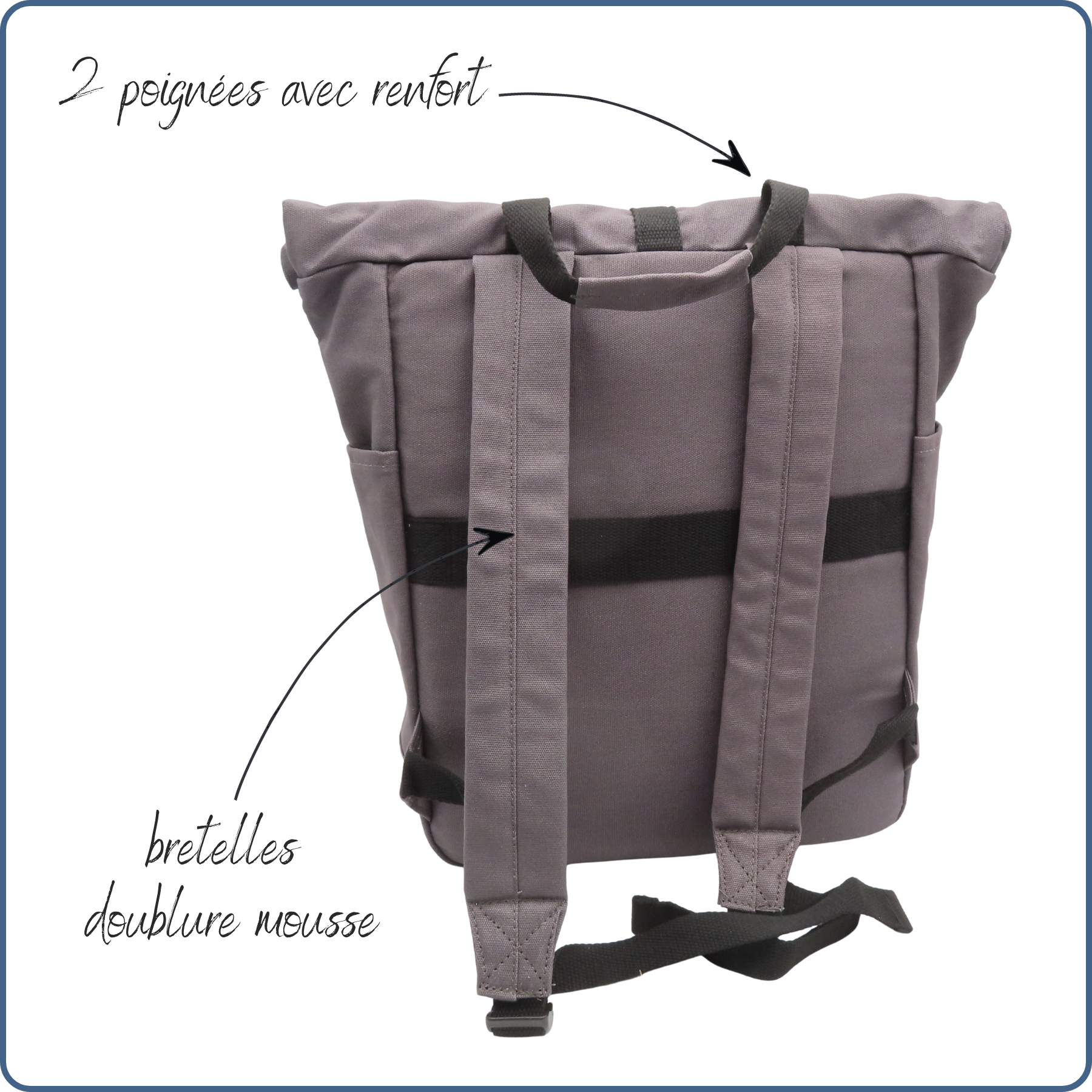 sac à dos rolltop, compartiment pour ordinateur rembourré, couleur grise