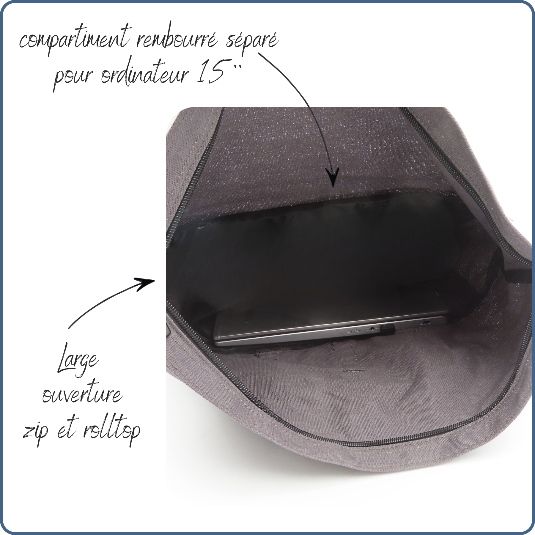 sac à dos rolltop, compartiment pour ordinateur rembourré, couleur grise