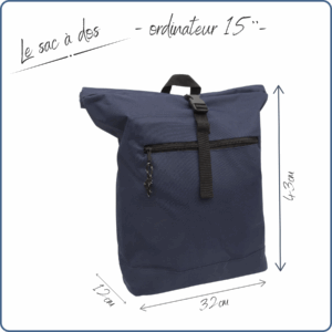 sac à dos rolltop, compartiment pour ordinateur rembourré, matière recyclée, couleur bleue