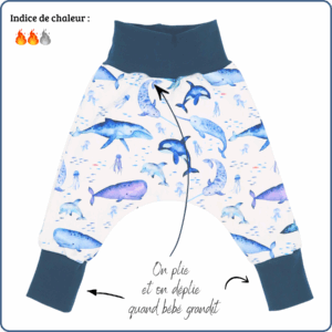 sarouel évolutif bébé, motifs baleines, économique, tissu sans produit chimique