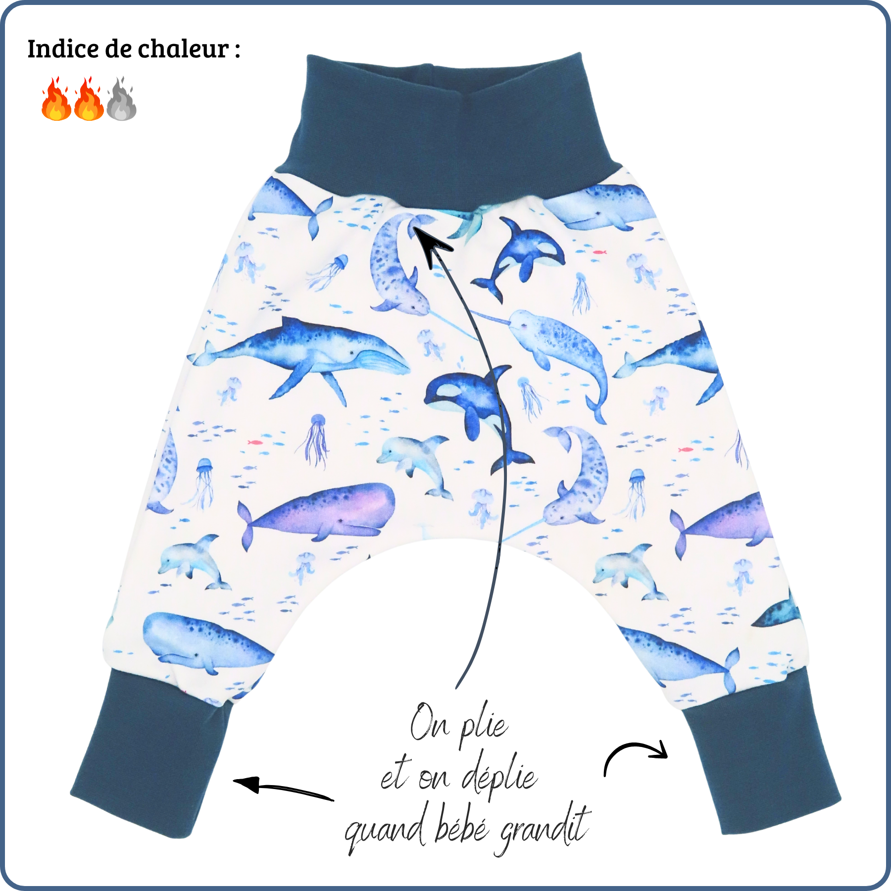 sarouel évolutif bébé, motifs baleines, économique, tissu sans produit chimique