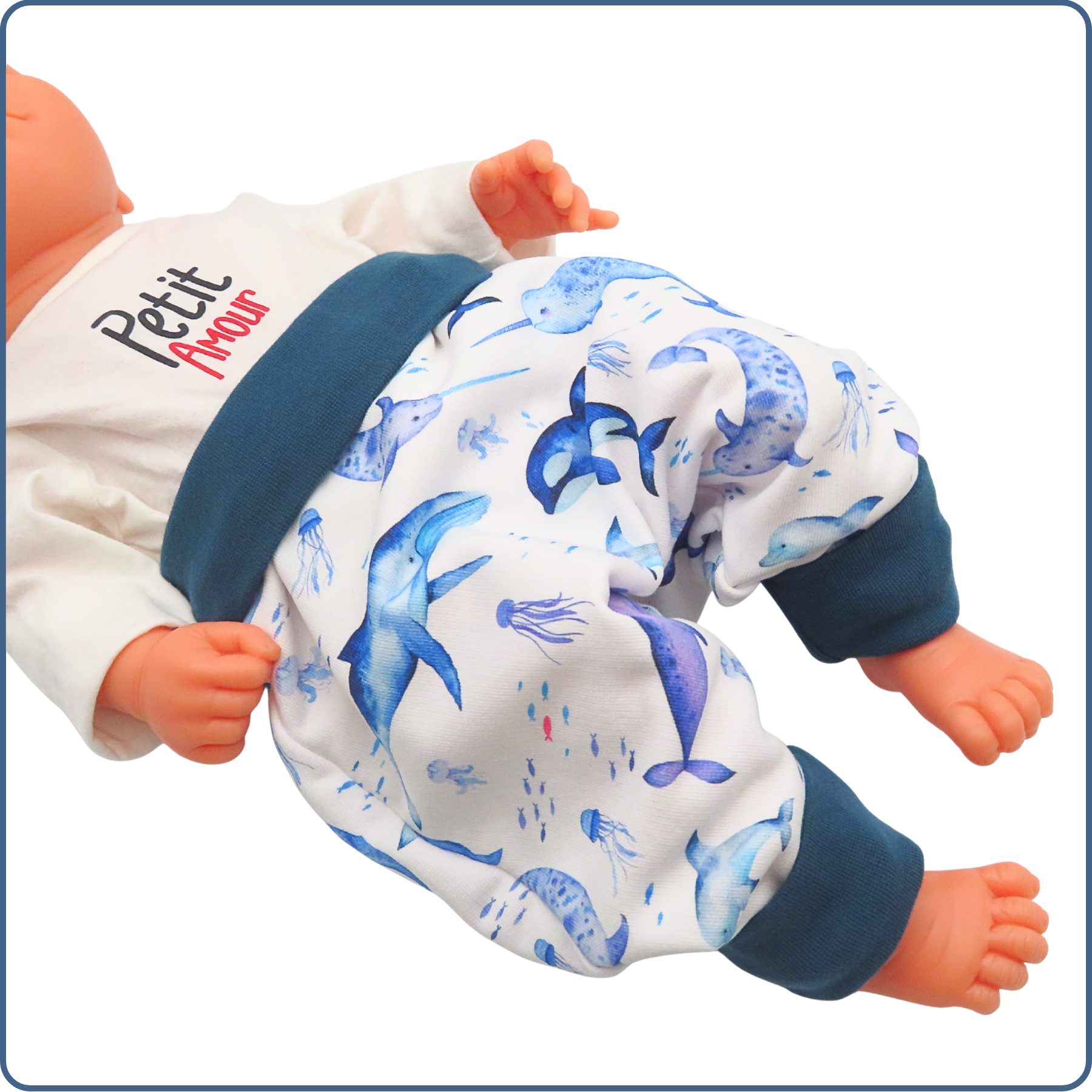 sarouel évolutif bébé, motifs baleines, économique, tissu sans produit chimique