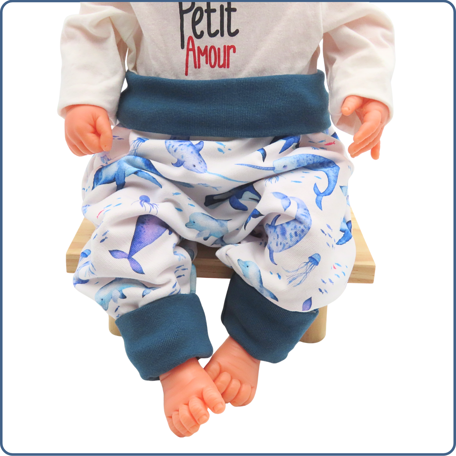 sarouel évolutif bébé, motifs baleines, économique, tissu sans produit chimique