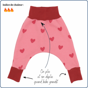 sarouel évolutif bébé, très chaud, motifs cœurs, économique, tissu sans produit chimique