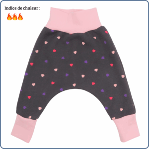 sarouel évolutif bébé, très chaud, motifs mini cœurs girly, économique, tissu sans produit chimique