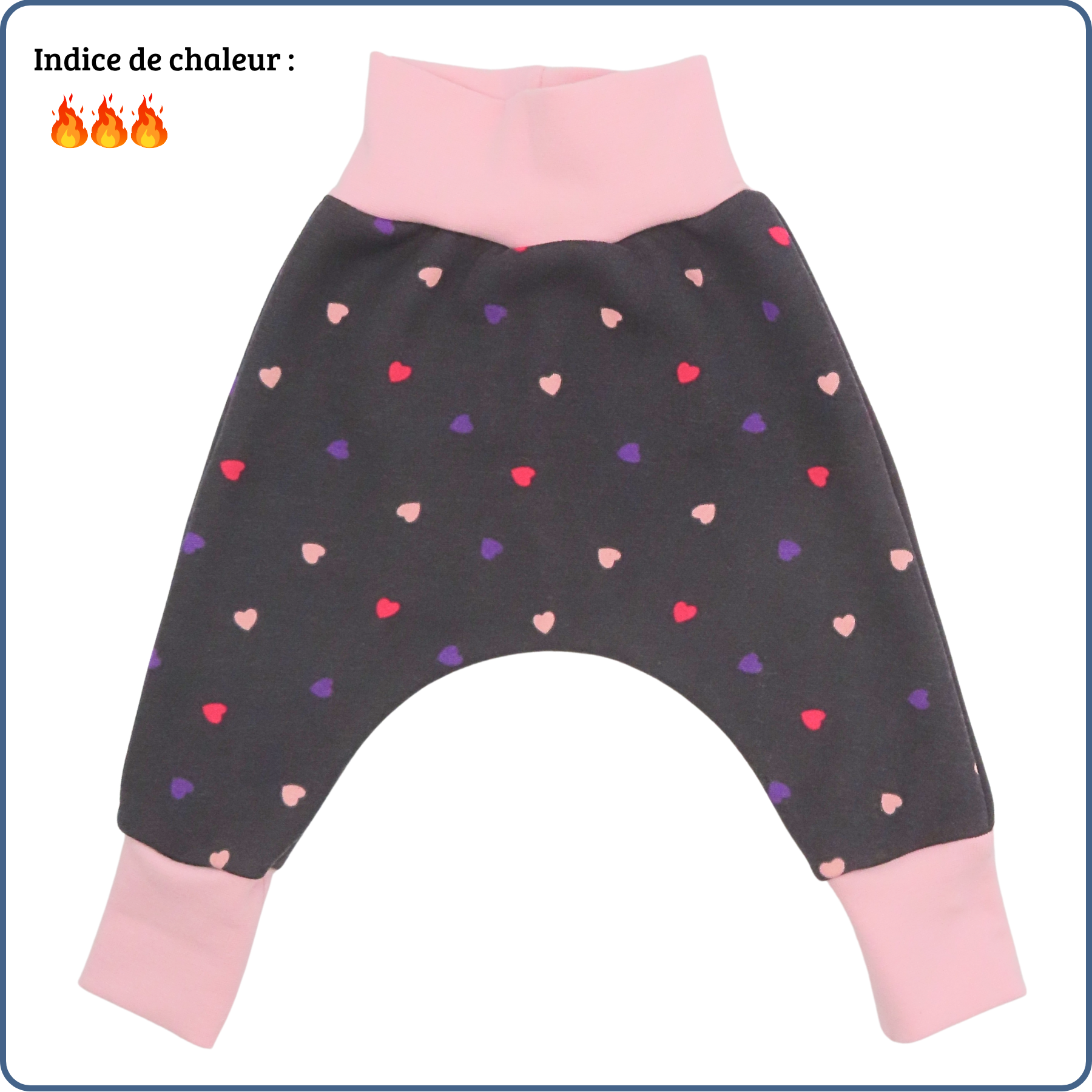 sarouel évolutif bébé, très chaud, motifs mini cœurs girly, économique, tissu sans produit chimique