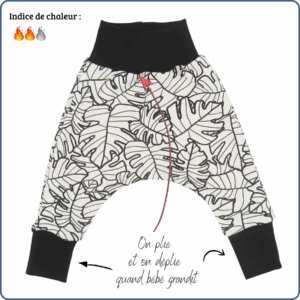 sarouel évolutif bébé, très chaud, motif végétal, feuilles noir et blanc, économique, tissu sans produit