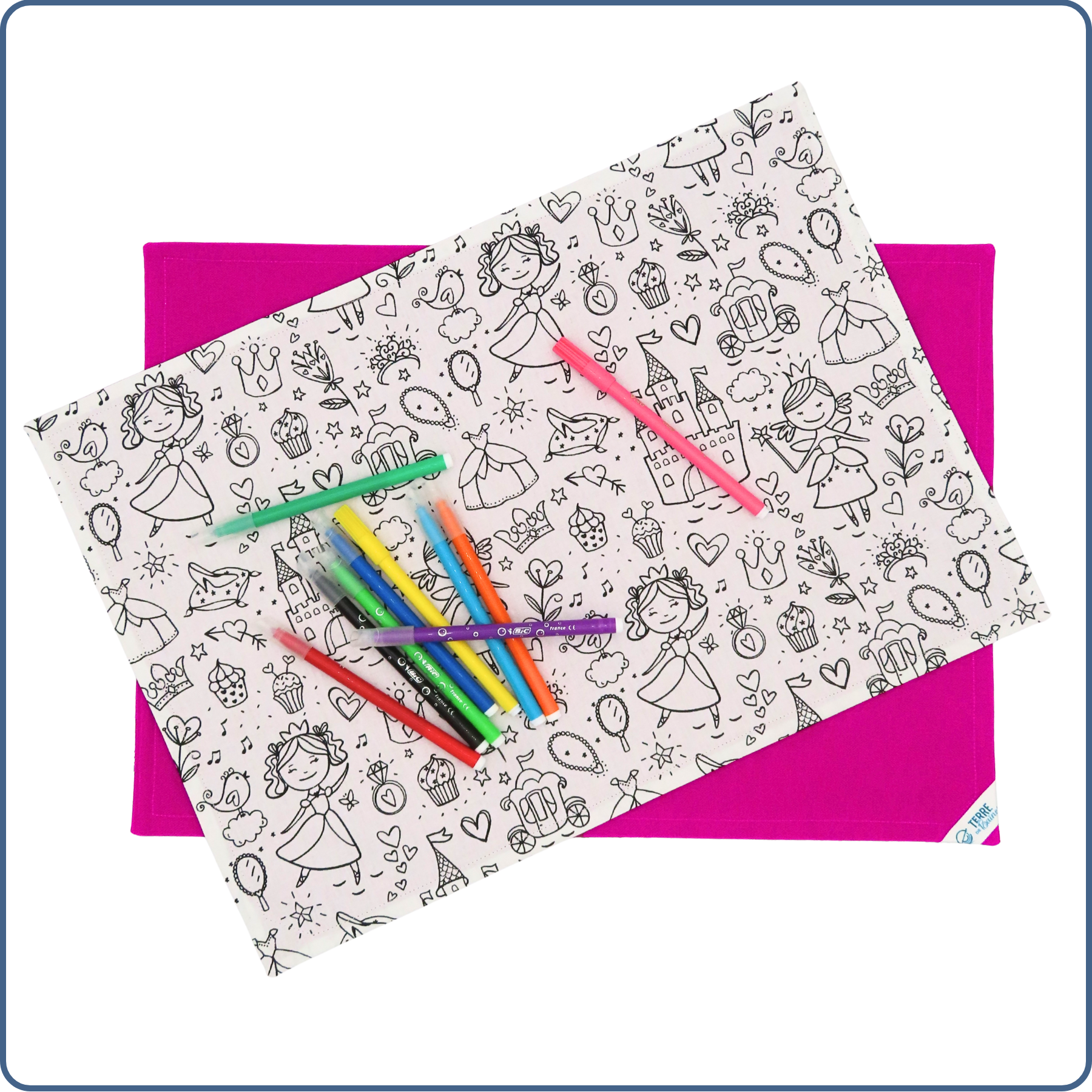 Set de table à colorier lavable pour enfant, motifs princesses, coton Oeko-Tex, fabrication main – Terre de Baïnes